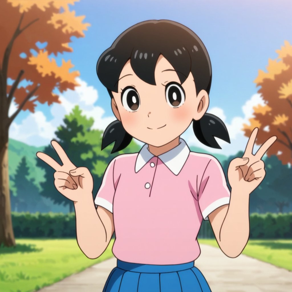 score_9, score_8_up, score_7_up, score_6_up, score_5_up, score_4_up, source_anime,minamoto shizuka,1girl, solo,1girl, solo, v, twintails, black hair, skirt, double v, smile, outdoors, shirt, blue skirt, looking at viewer, black eyes, pleated skirt, short sleeves, pink shirt, blush, closed mouth, day, tree, collared shirt, short twintails, low twintails, upper body, grass,masterpiece, perfect face, best quality, beautiful girl, cute girl, beautiful eyes, shiny eyes, anime coloring, anime screencap, absurdres, outdoors,  <lora:minamoto shizuka hask 912:0.8>