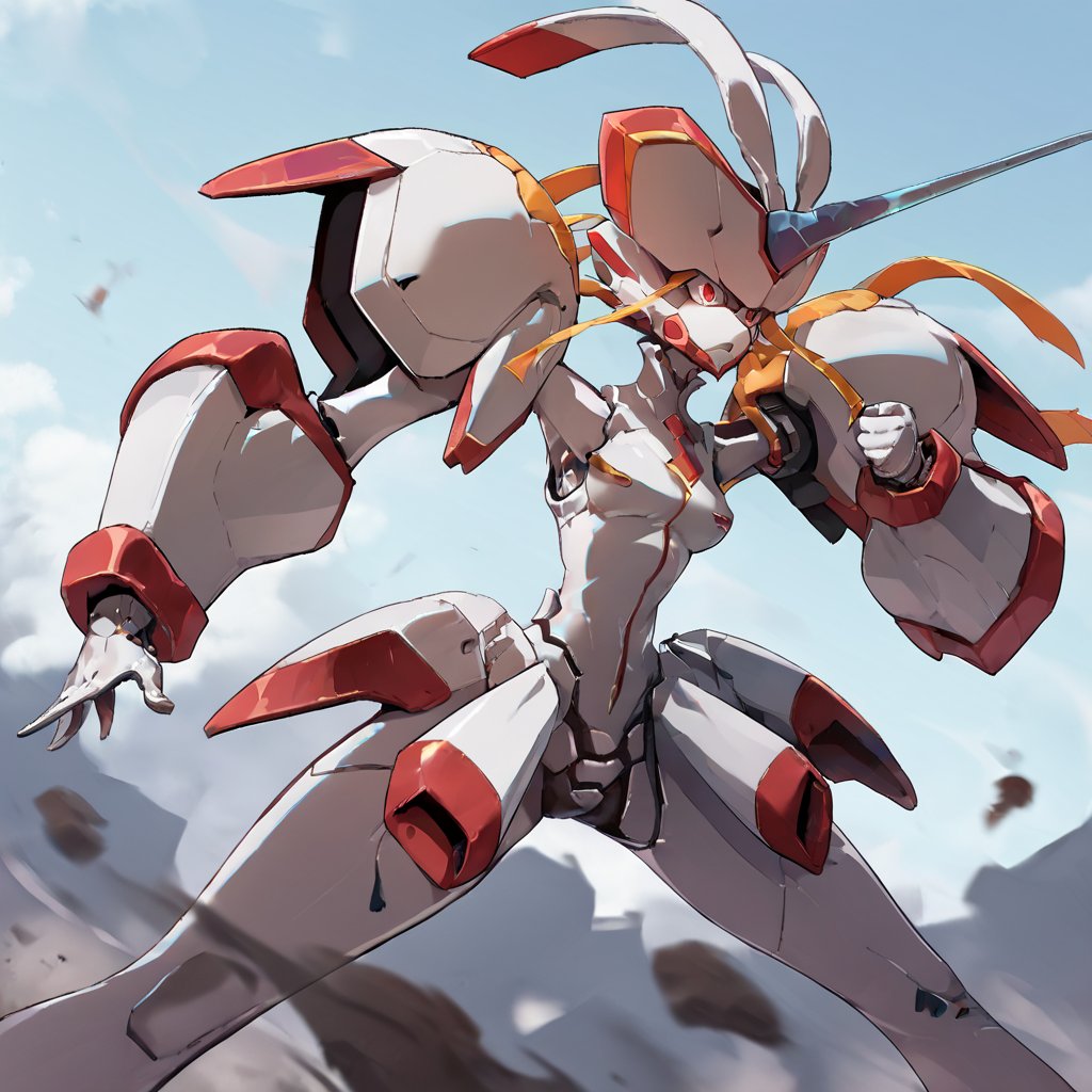 score_9, score_8_up, score_7_up, score_6_up, score_5_up, score_4_up, source_anime,  Strelizia, robot, city, action pose