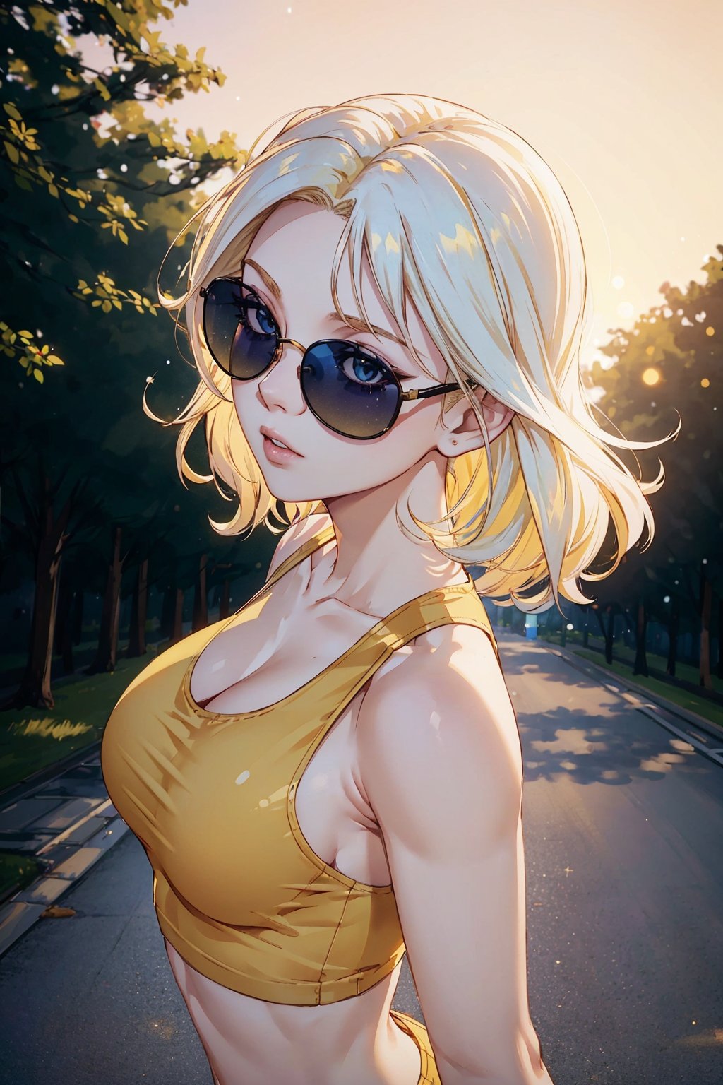 from_above, crop top, detailed face, yellow bodycon tank top, hair, park, sky, trees, pale skin, moonlight, stars, 1girl, statement sunglasses, woman,petite, vivid colors, bokeh background, subject for emphasis,dramatic colors,, btpt-fc, <lora:btpt-fC_v1.2a:1>