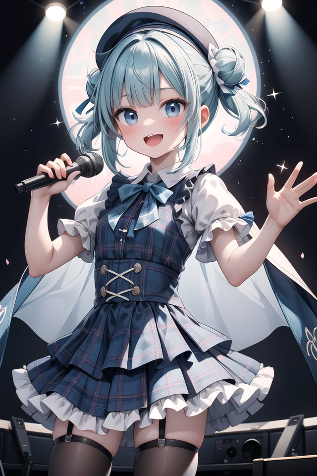 insanely detailed, absurdres, ultra-highres, ultra-detailed, best quality,1girl, solo, nice hands, perfect handsBREAK(nsfw:-1.5),(gothic drress, Idol costume:1.3), (blue and white theme:1.2), (white blouse:1.4), (white collar, tie:1.3), (open short-cape:1.3), (short sleeve:1.2), (blue tartan-check pattern (ruffle-skirt, multilayer-skirt):1.4), (white basque-beret with ribbon:1.3), (Fishnet stockings:1.3), (glove:1.2), (cleavage:-1.5)BREAKhappy smile, laugh, open mouth, (standing, singing, dancing, holding microphone:1.4)BREAKfrom above,seductive pose, cowboy shotBREAKslender, kawaii, perfect symmetrical face, ultra cute girl, ultra cute face, ultra detailed eyes, ultra detailed hair, ultra cute, ultra beautifulBREAKindoors, concert hall, idol live, crowded audienceBREAKmedium breastsBREAKgreen hair, black eyes, ballerina bun,