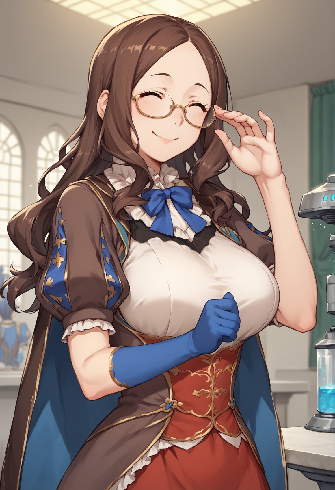 1girl, long hair, brown hair, sidelocks, forehead, dress, white shirt, puffy sleeves, short sleeves, red skirt, cape, blue pantyhose, elbow gloves, single gauntlet, glasses, fixing eyewear, upper body, age progression, big breasts, upper body, indoors, laboratory, smile, mature female, <lora:Vinci_XL:1>, score_9, score_8_up, score_7_up, score_6_up, score_5_up, score_4_up, BREAK source_anime, masterpiece