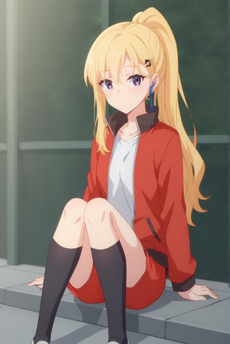 score_9, score_8_up, score_7_up, score_6_up, score_5_up, score_4_up, BREAK source_anime, 1girl, solo,<lora:AyaseSakiXL-v1-07:0.8>, ChopioAyase, long hair, blonde hair, shiny hair, hair between eyes, purple eyes, highly detailed eyes, hair clip, looking at viewer, ponytail,outfit_4, track jacket, red jacket, open jacket, white shirt, red shorts, black socks, kneehighs,chain-link fence, sitting, knees up, blue earphones,