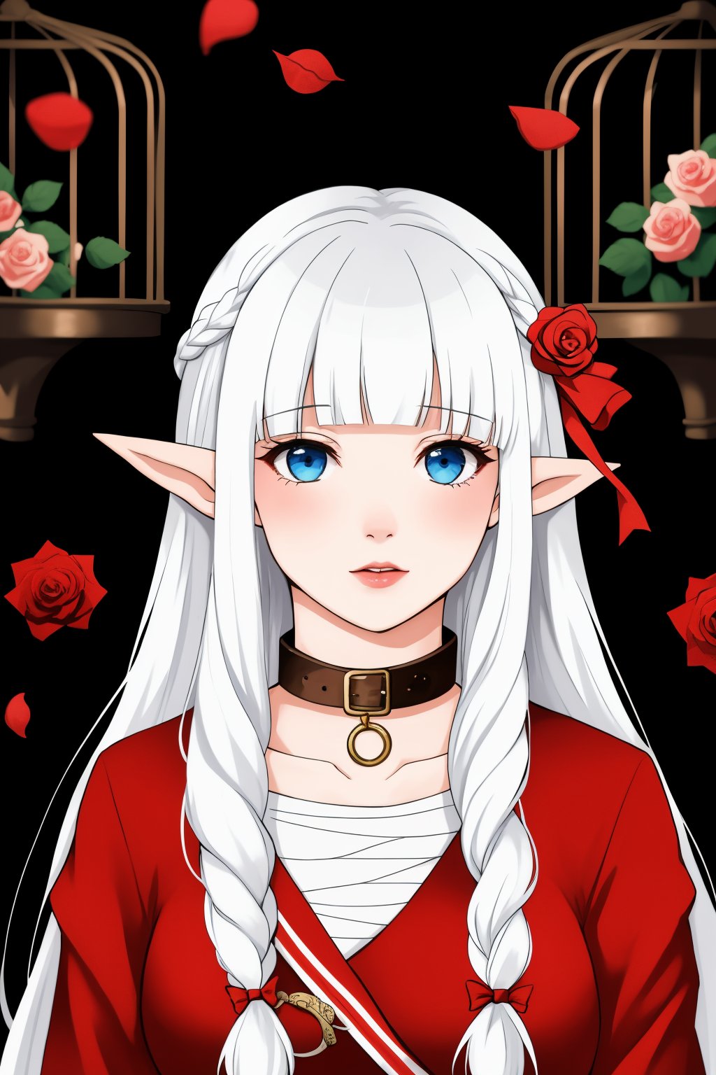 realistic,Nephelia,1girl,pointy ears,blue eyes,very long hair,white hair,elf,collar,braid,blunt bangs,hair ribbon,<lora:lbc_Nephelia_v1.0:0.8>,((rose)), (vine), cage, bandage, red rope, (detail light), falling rose petals,