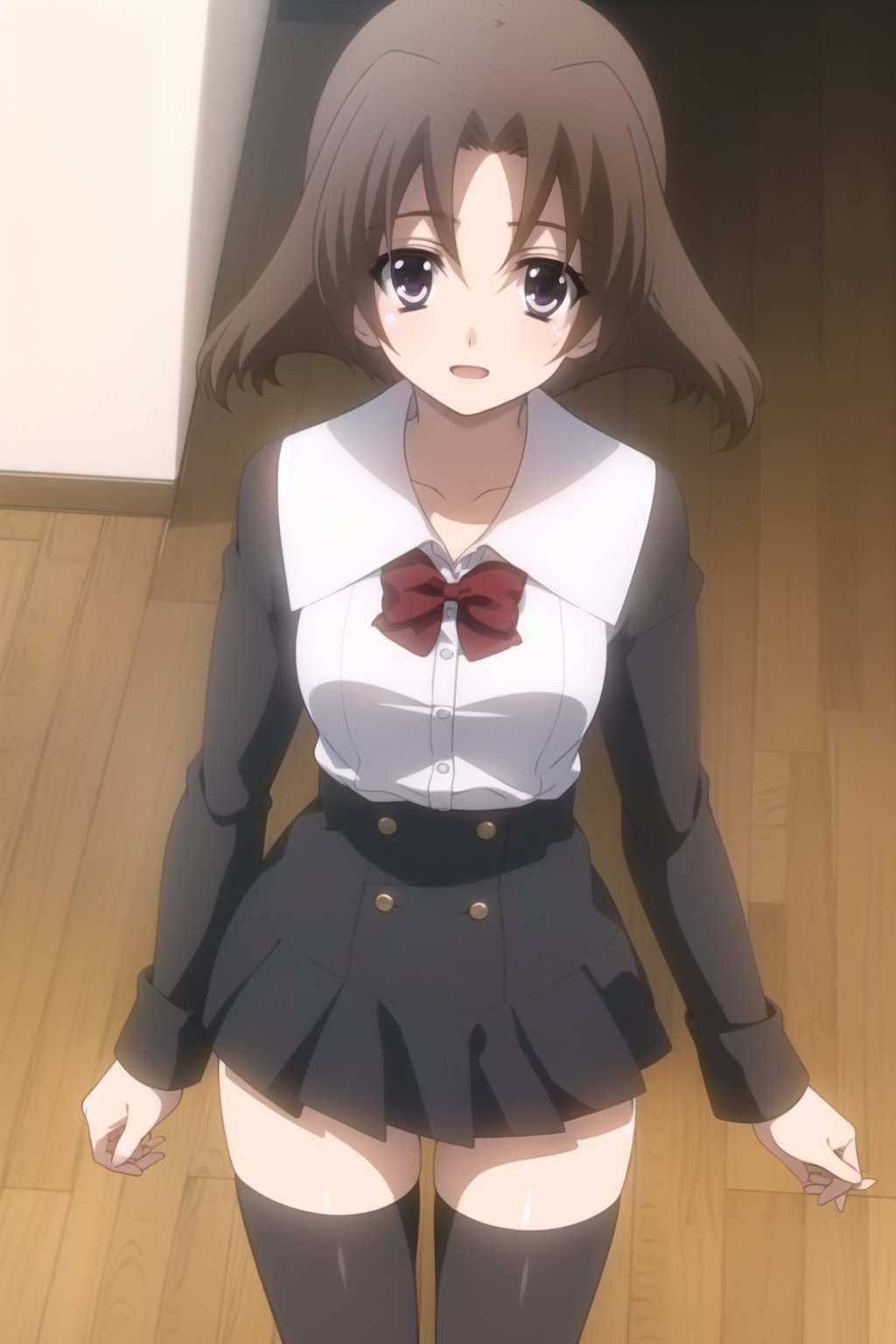 minami obuchi, short_hair, brown_hair, bangs, BREAK waist-length skirt, thighhighs, school uniform, shoes, black thighhighs, zettai ryouiki, bow, red bow,BREAK indoors, classroom,BREAK looking at viewer, (cowboy shot:1.5)<lora:EMS-407829-EMS:0.800000>