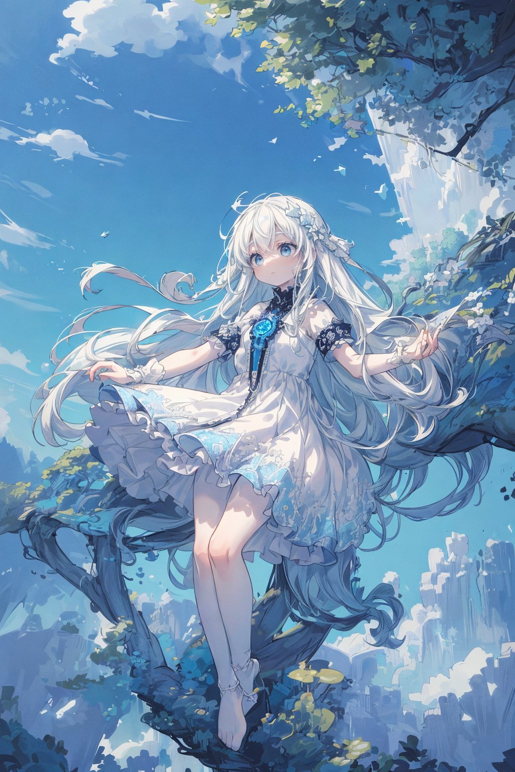 absurdres ,high res, perfect anatomy, Hyper detailed, high-resolution in elaborateness, (elaborate:1.5), (scenic, detailed blue sky:1.3), (anti gravity, Floating off the ground:1.5), (1 girl, solo:1.3), expressionless, (pure white long hair, pure white skin, pure white dress:1.3), glowing blue eyes, full body,