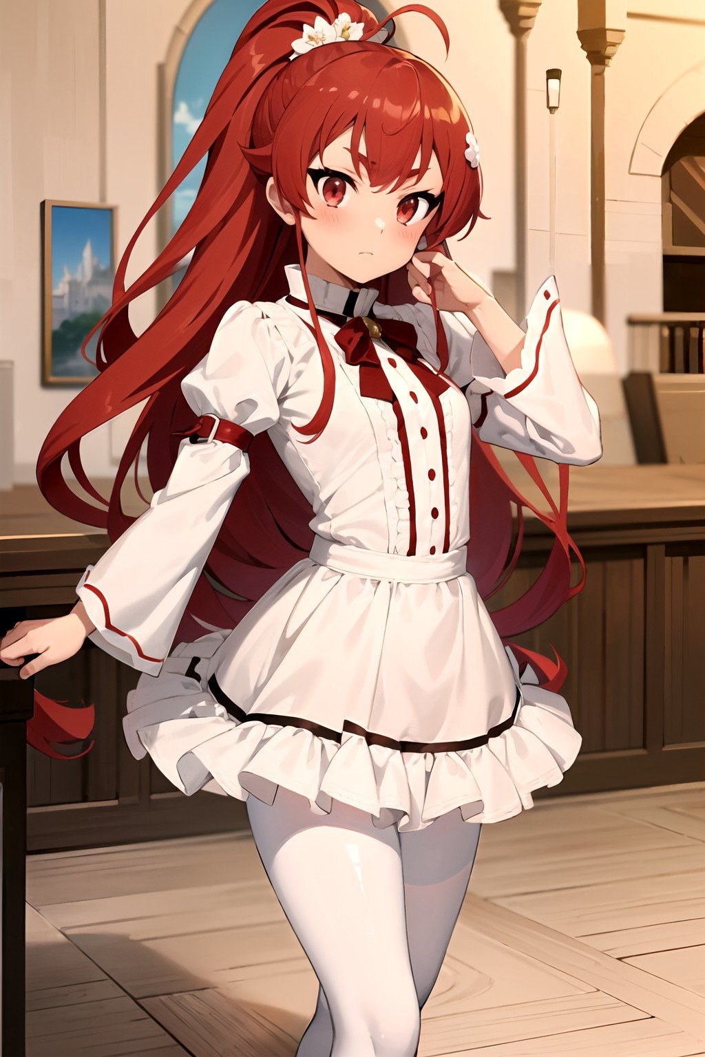 (masterpiece:1.4), (best quality:1.4), (((pixel-perfect, detail-perfect))), 1girl, solo, eris boreas greyrat, red hair, long hair, hair between eyes, ahoge, high ponytail, thick eyebrows, hair ornament, red eyes, small breasts, (white frilled dress, opened collar, long sleeves), flower chained belt, white pantyhose, red mary janes, offering hand, looking at viewer, (detailed background, greyrat castle, dance hall:1.45), (blushing:1.2), flat, flat colors, 2D, (anime:1.35), <lora:Eris Boreas Greyrat (Mushoku Tensei):0.7>