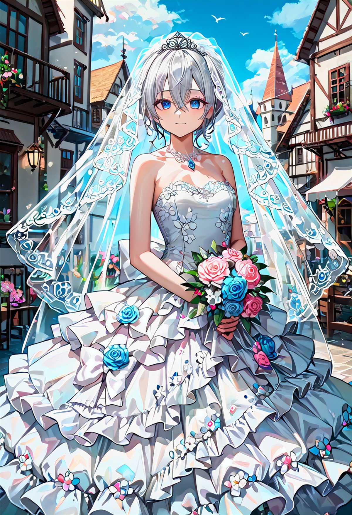 <lora:WD-XLPony_006:0.7>, 1girl, silver, hair between eyes, wedding dress, clothing with intricate frills and embroidery, bridal veil, luxurious clothing, village, detailed background, incredibly absurdres, colorful, HD, hyper detailed, ultra detailed, score_9, score_8_up, score_7_up, source_anime, perfect anatomy, masterpiece, best quality, very aesthetic