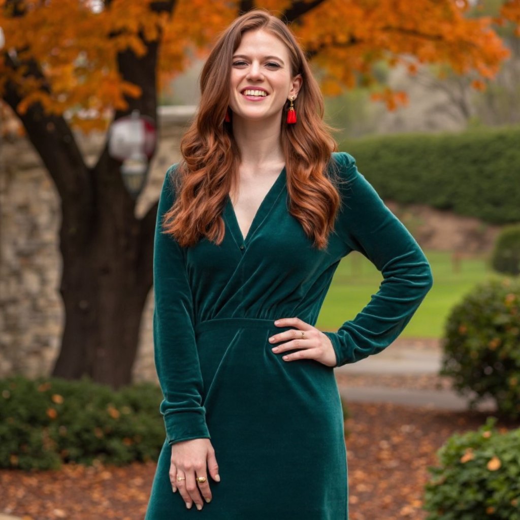 A portrait of rose_leslie captured in a candid moment outdoors during autumn. She wears a velvety, deep green dress with a deep V-neckline and long sleeves. Her long, wavy brown hair flows down her back, and she wears bold red earrings. She stands in a relaxed pose with one hand on her hip and the other resting on her thigh. The background features a stone archway and a tree with orange and yellow leaves, indicating fall. The ground is covered in fallen leaves, and the overall color palette is warm, dominated by earthy tones.