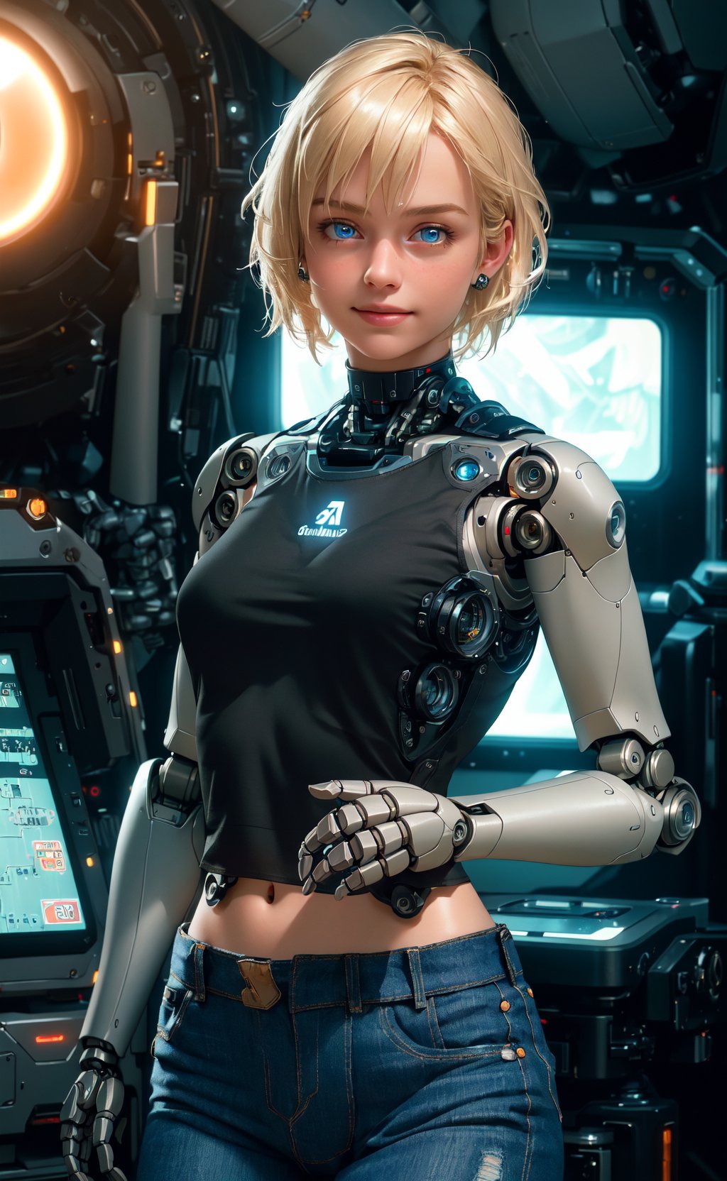 (highly detailed CG illustration), (8k, best quality, masterpiece:1.2), (realistic:1.3), (photorealistic:1.3), ultra-detailed, 1girl, (18 years old), blonde short hair, blue eyes, (robot arms and hands:1.3), machine made joints, (fabric black tank top), open navel, medium breast, visible shoulders, blue jeans, (high detailed skin:1.2), cute smile, uhd, dslr, soft lighting, high quality, film grain, Fujifilm XT3, best quality, beautiful lighting, cinematic lighting, inside futuristic lab