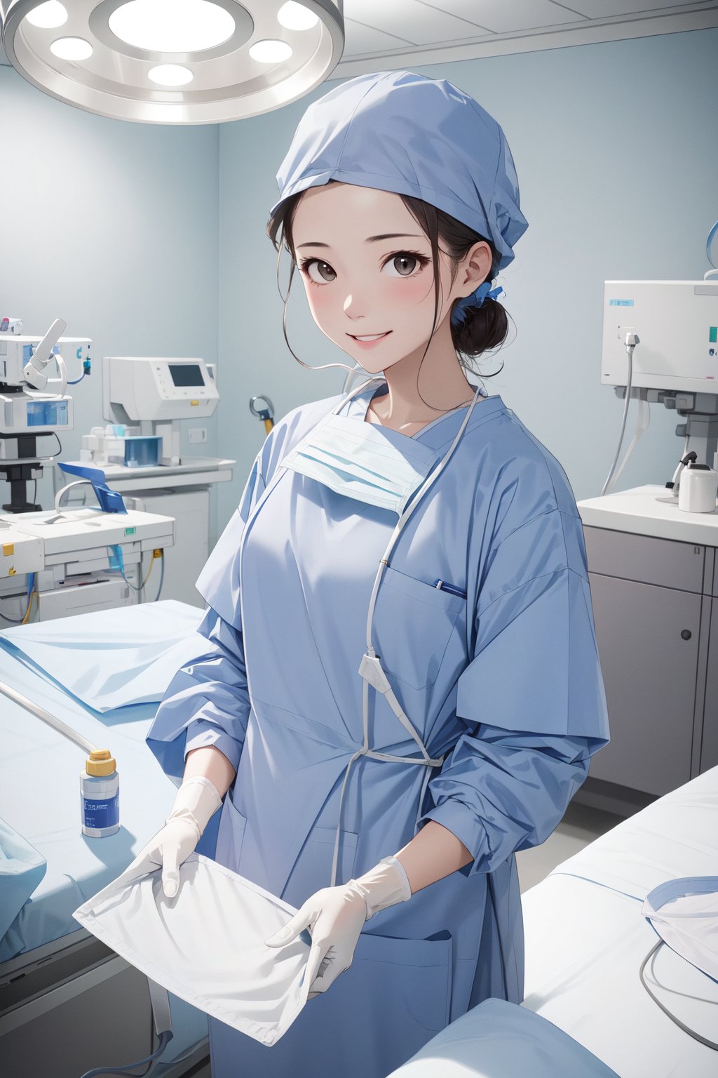 (RAW photo, best quality), 1girl, long sleeve surgical outfit, surgical mask,  surgical gloves, surgical cap,  operating room, overhead surgical light, light smile, <lora:concept_surgical_mask_open_v2_1:1> surgical_mask_open, completely_undone