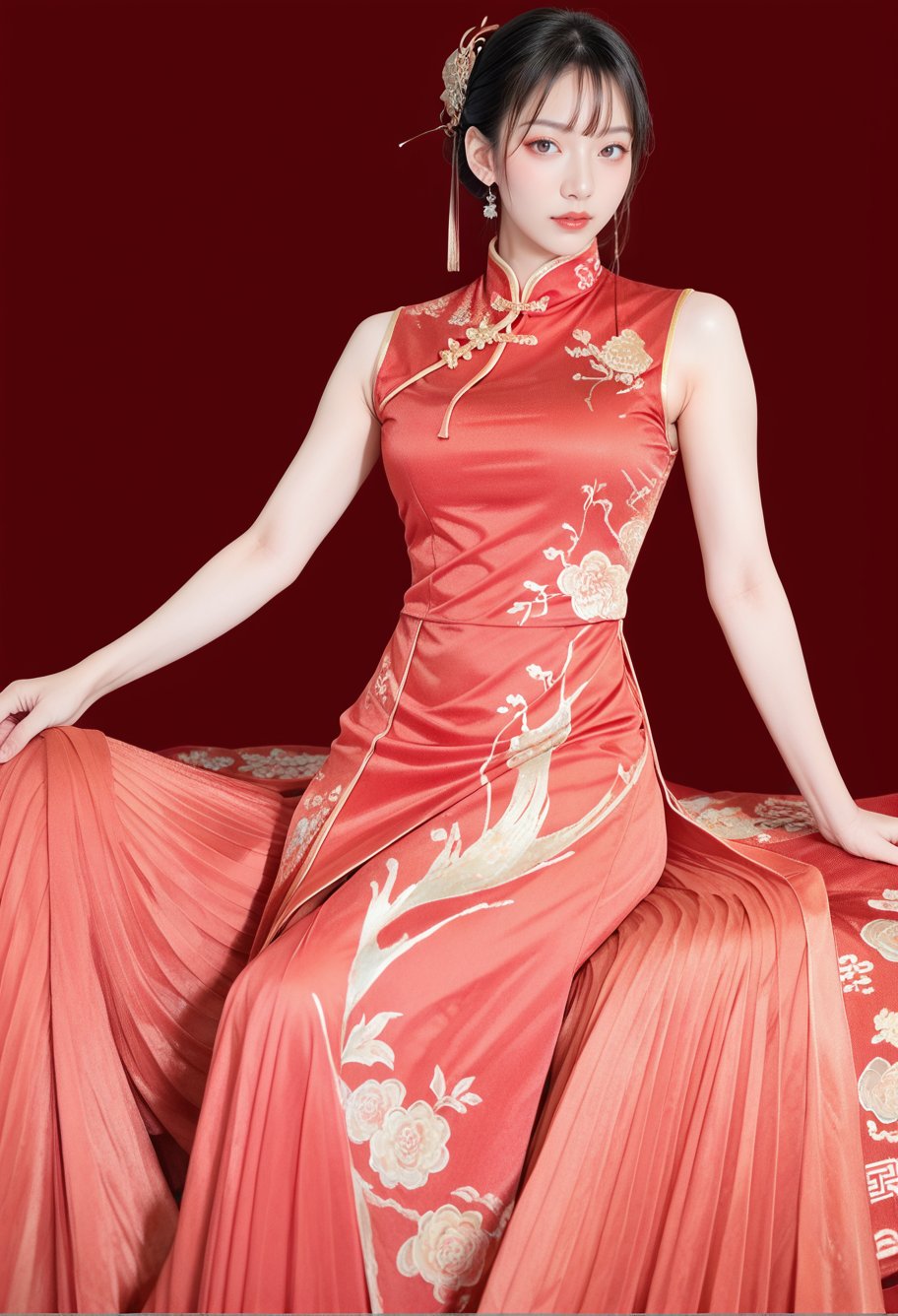 score_9,score_8_up,score_7_up,8k,red background,1girl,solo,,ruanyi0711,chinese clothes,red dress,long dress,<lora:0711 Chinese wedding dress_v1_pony:1>