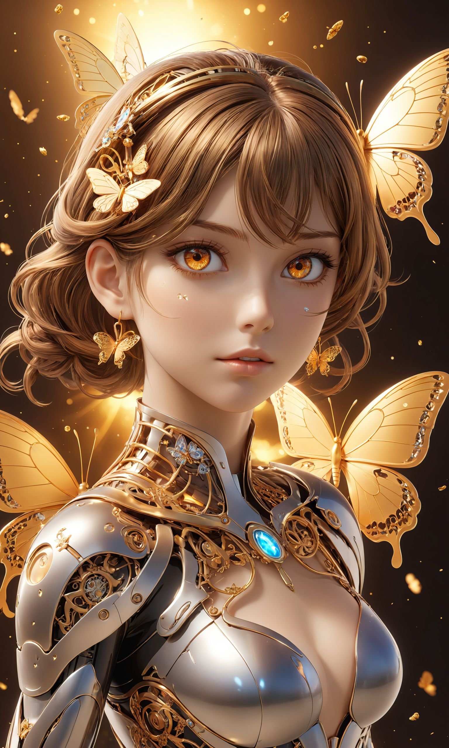 professional 3d model,anime artwork pixar,3d style,good shine,OC rendering,highly detailed,volumetric,dramatic lighting,8k portrait of beautiful cyborg with brown hair,intricate,elegant,highly detailed,majestic,surreal painting gold butterfly filigree,broken glass,(masterpiece,sidelighting,finely detailed beautiful eyes: 1.2),hdr,beautiful colorful background,very beautiful,masterpiece,best quality,super detail,anime style,key visual,vibrant,studio anime