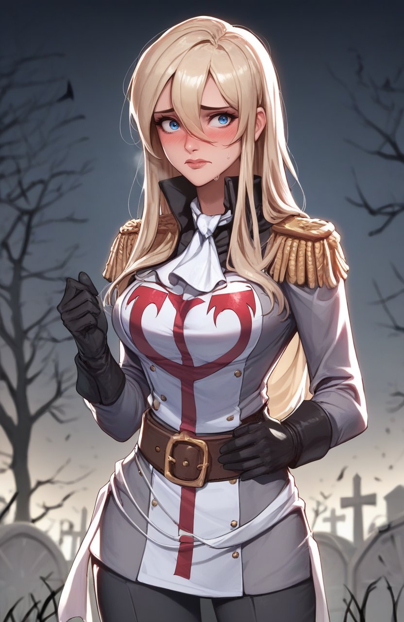 score_9, score_8_up, score_7_up, 1girl, solo, <lora:THALIA:1>, long hair, blonde hair, lips, blush, blue eyes, hair between eyes, uniform, epaulettes, belt, military uniform, ascot, black gloves, standing, shiny skin, sweaty, looking at viewer, nervous, worried, blush, <lora:Smooth Anime 2 Style SDXL_LoRA_Pony Diffusion V6 XL:0.9><lora:BlackComicPony:0.5>depth of field, blurry background, blurry foreground, haunted, graveyard, spooky, sidelighting, backlighting, simple background, gradient background, 