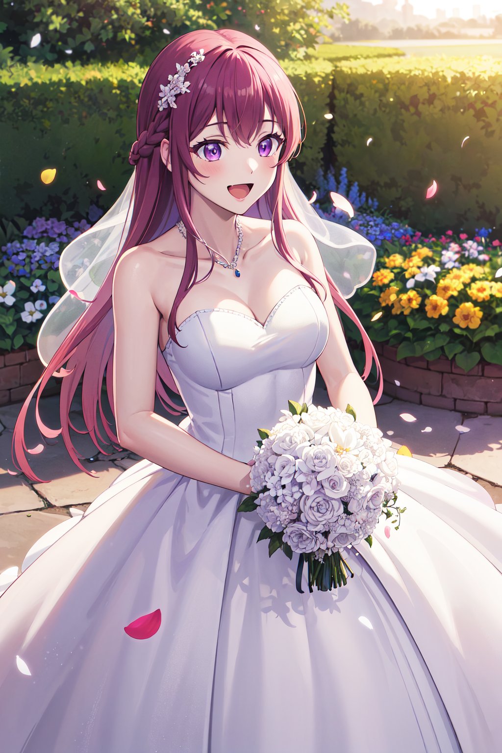 masterpiece, best quality, highres, 1girl, solo, long hair, purple hair, braid, purple eyes, <lora:makuzawa_ouka_v1:0.7>, white dress, wedding dress, jewelry, strapless, smile, open mouth, standing, cowboy shot, holding bouquet, garden, confetti, petals