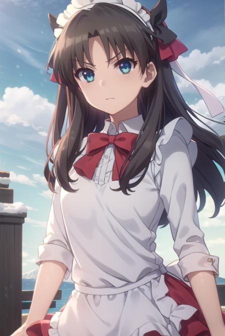 rintohsaka, <lora:rin tohsaka prisma s2s3-lora-nochekaiser:1>,rin tohsaka, long hair, black hair, two side up, aqua eyes, bow, hair bow,BREAK thighhighs, dress, frills, black thighhighs, zettai ryouiki, long sleeves, maid, maid headdress, red dress,BREAK outdoors, snow,BREAK looking at viewer, (cowboy shot:1.5), dynamic pose,BREAK <lyco:GoodHands-beta2:1>, (masterpiece:1.2), best quality, high resolution, unity 8k wallpaper, (illustration:0.8), (beautiful detailed eyes:1.6), extremely detailed face, perfect lighting, extremely detailed CG, (perfect hands, perfect anatomy),