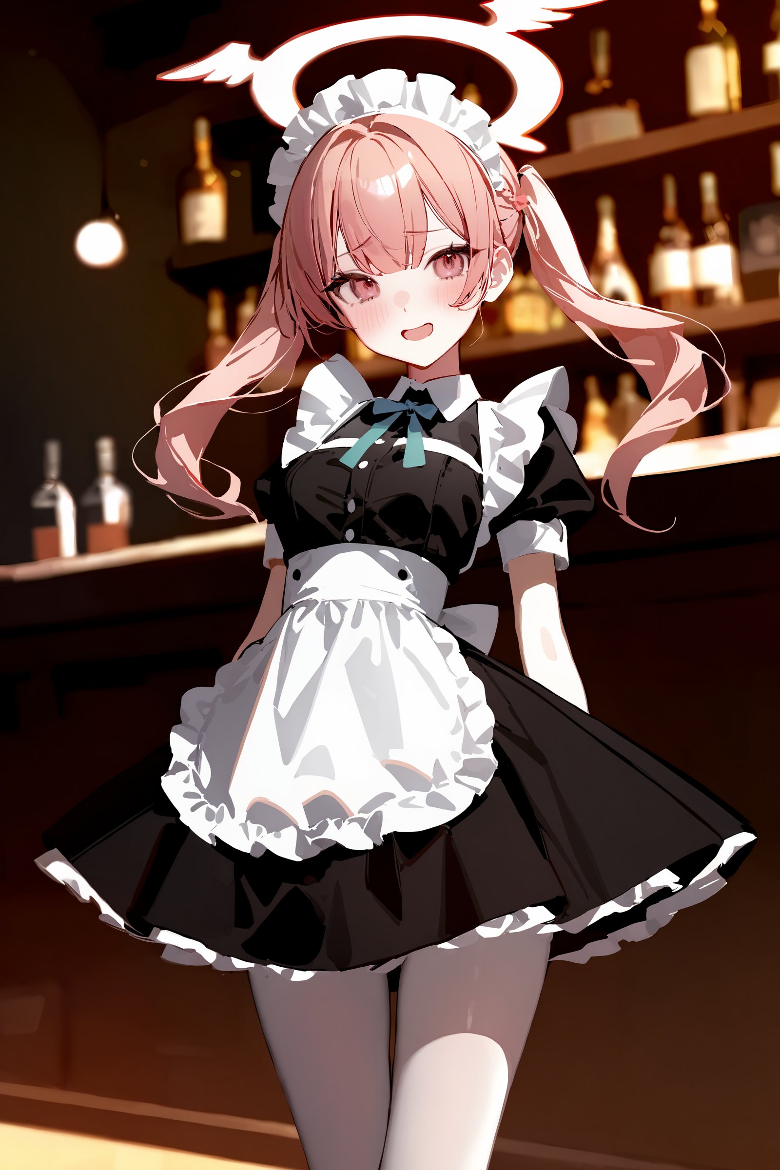 masterpiece, best quality, perfect features, intricate details, ray tracing, newest,(hitenkei, askzy:0.4), 1girl, koharu \(blue archive\), twintails, halo, solo, maid, maid headdress, maid apron, embarrassed, white pantyhose, open mouth, blush, smile, open mouth, taut dress, looking at viewer, cowboy shot, bar \(place\), indoors, depth of field <lora:Char-BlueArchive-Koharu-V1-XL:0.9> 