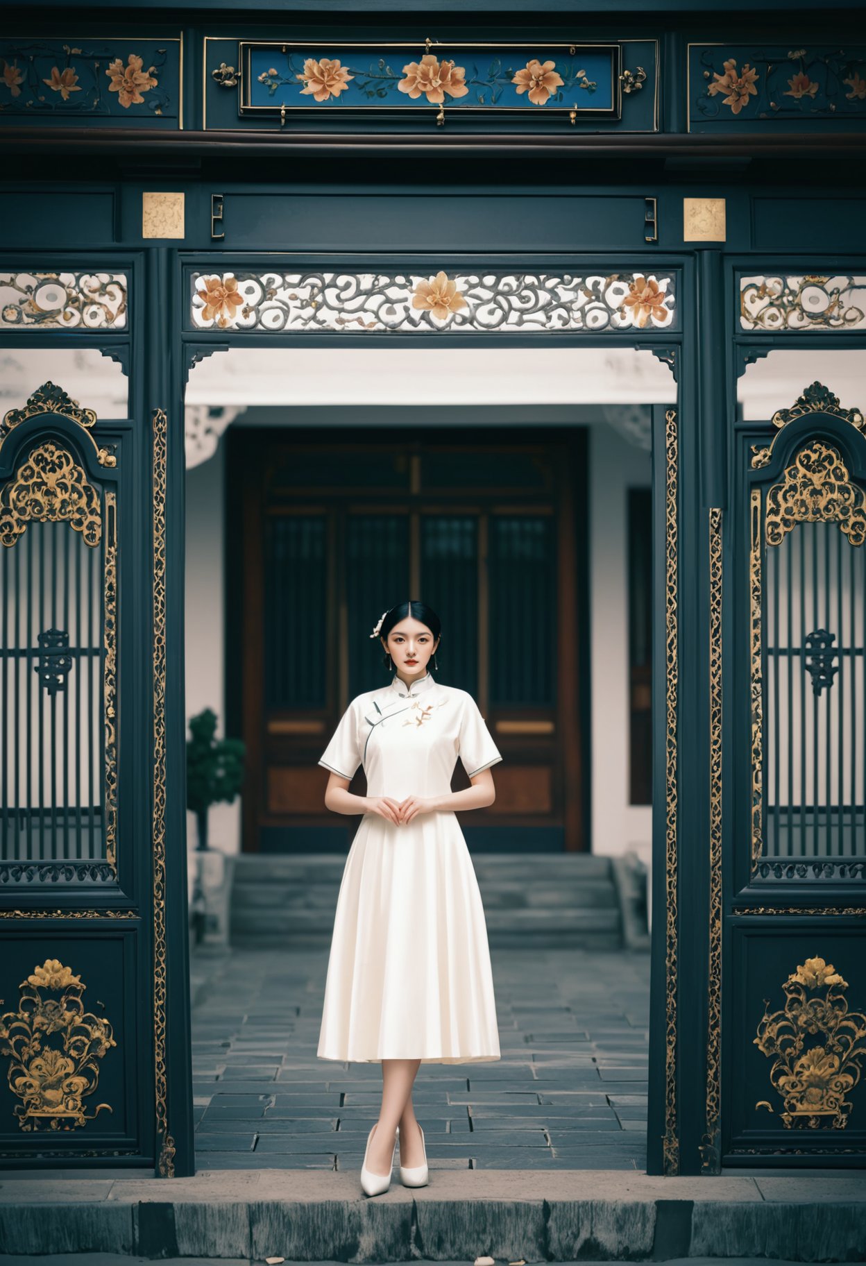 photograph Photograph, elegant woman in a white qipao with floral embroidery, standing gracefully, hands clasped, in front of an ornate wrought iron gate, brick building background, soft natural light, serene mood, full-body shot, traditional Chinese attire, poised and composed, classic and timeless aesthetic., 50mm . cinematic 4k epic detailed 4k epic detailed photograph shot on kodak detailed cinematic hbo dark moody, 35mm photo, grainy, vignette, vintage, Kodachrome, Lomography, stained, highly detailed, found footage