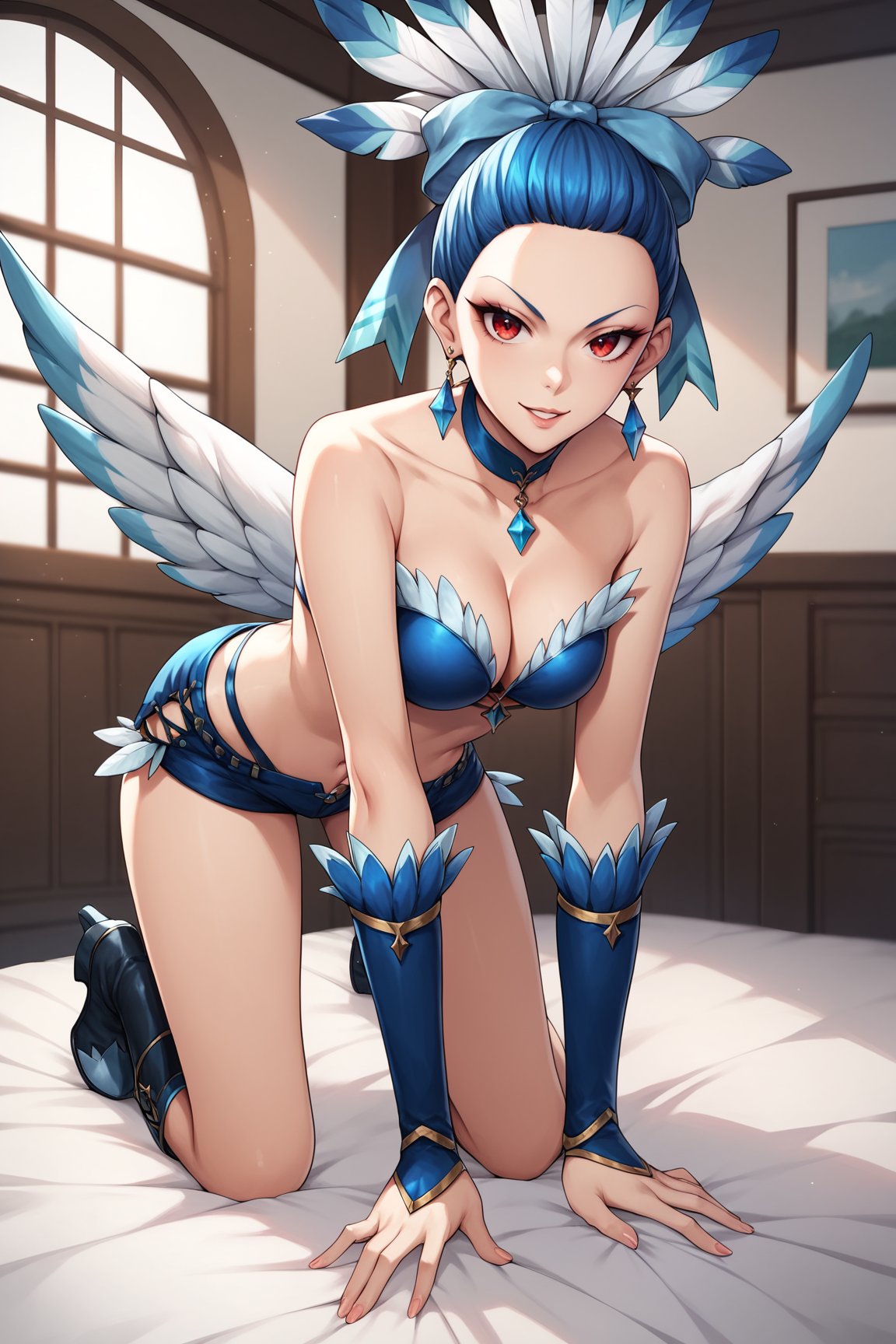 score_9, score_8_up, score_7_up, score_6_up, score_5_up, score_4_up, CluchHHXL, red eyes, blue hair, forehead, hair bow, blue bow, feathers, earrings, blue chocker, medium breasts, two wings, cleavage, blue bikini top, bare shoulders, navel, blue bridal guantlets, blue shorts, short shorts, black knee boots, solo, all fours, seductive smile, looking at viewer, indoors <lora:CluchHHXL:0.9>
