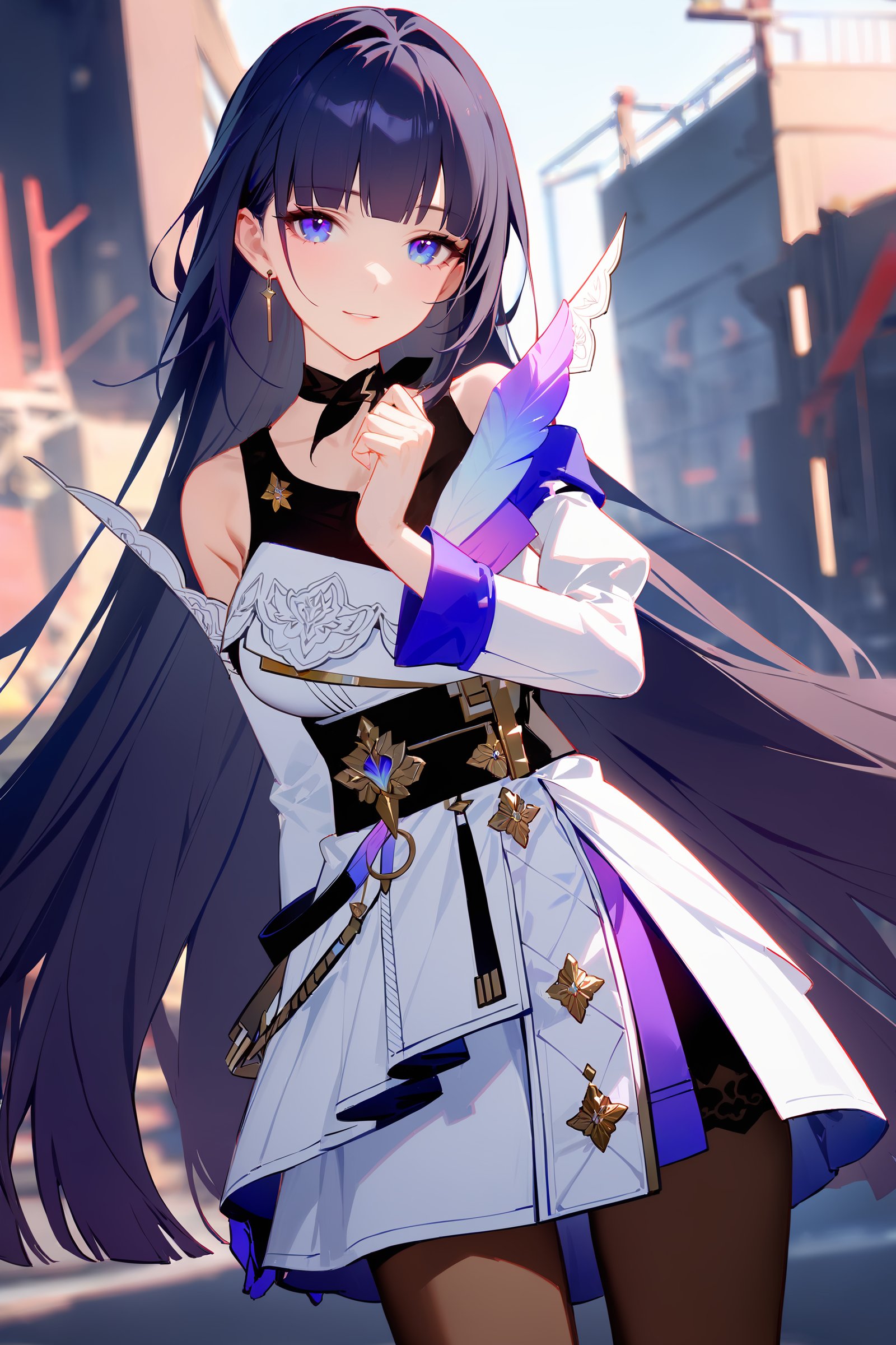 masterpiece, best quality, very aesthetic, ray tracing, newest,(hitenkei, askzy:0.5), 1girl, raiden mei, solo, pantyhose, single glove, layered dress, ribbon choker, tank top, detached sleeves, factory, standing, cowboy shot, outdoors, depth of field, light smile, looking at viewer  <lora:Char-Honkai-Raiden_Mei-XL-V1:0.9>