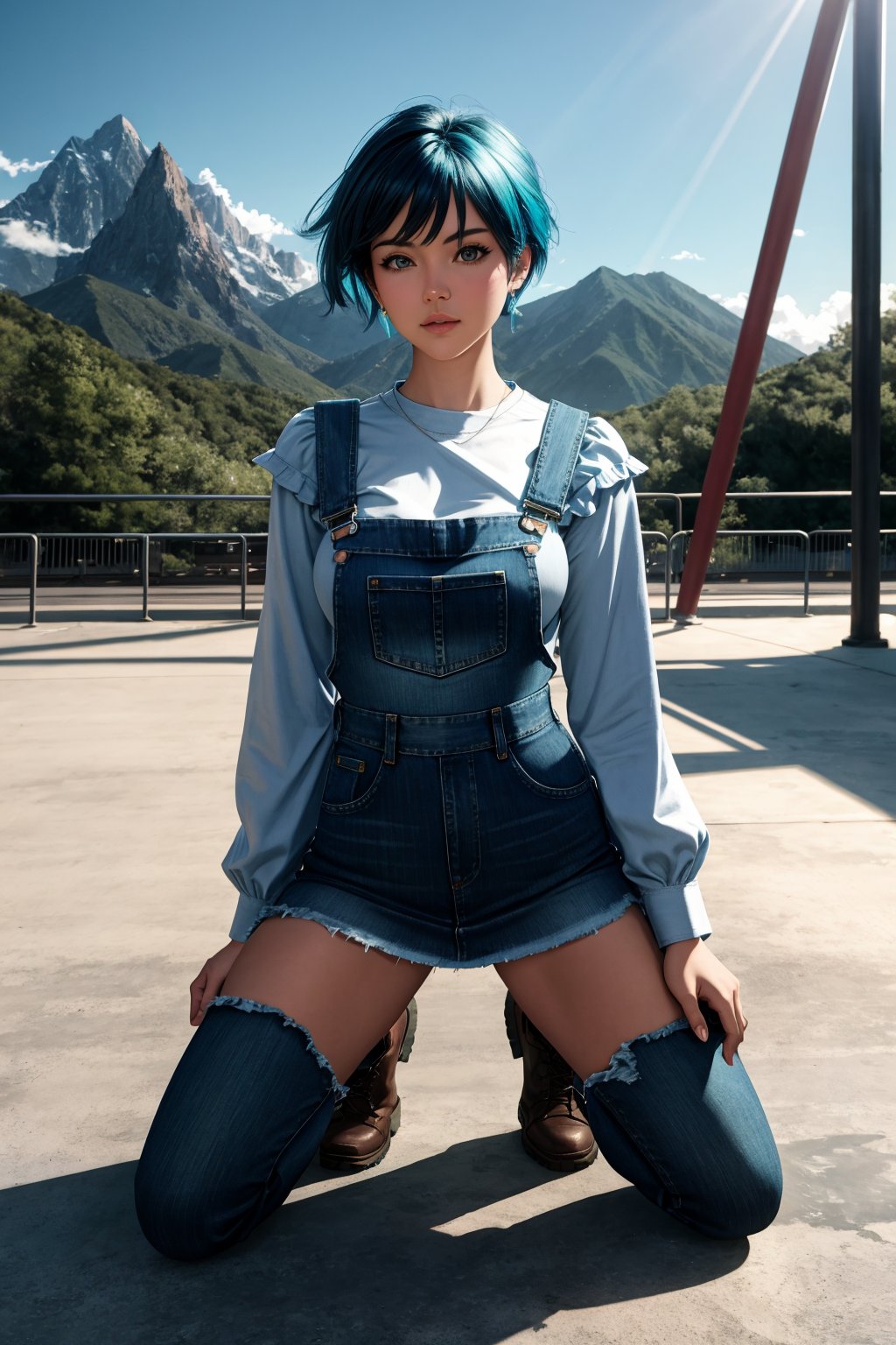 masterpiece of photorealism, photorealistic highly detailed professional 8k raw photography, best hyperrealistic quality, volumetric real-time lighting and shadows, Objective Shot Photography, Mountain Climber, Apple or Inverted Triangle: Broader shoulders and bust, with a less defined waist and narrower hips,  **Denim Overall Dress with a Long-Sleeve Top and Ankle Boots**, Electric Blue and Teal Layered Pixie, Kneeling Pose: Kneeling with a strong and confident posture., Deserted Amusement Parks full of busy people