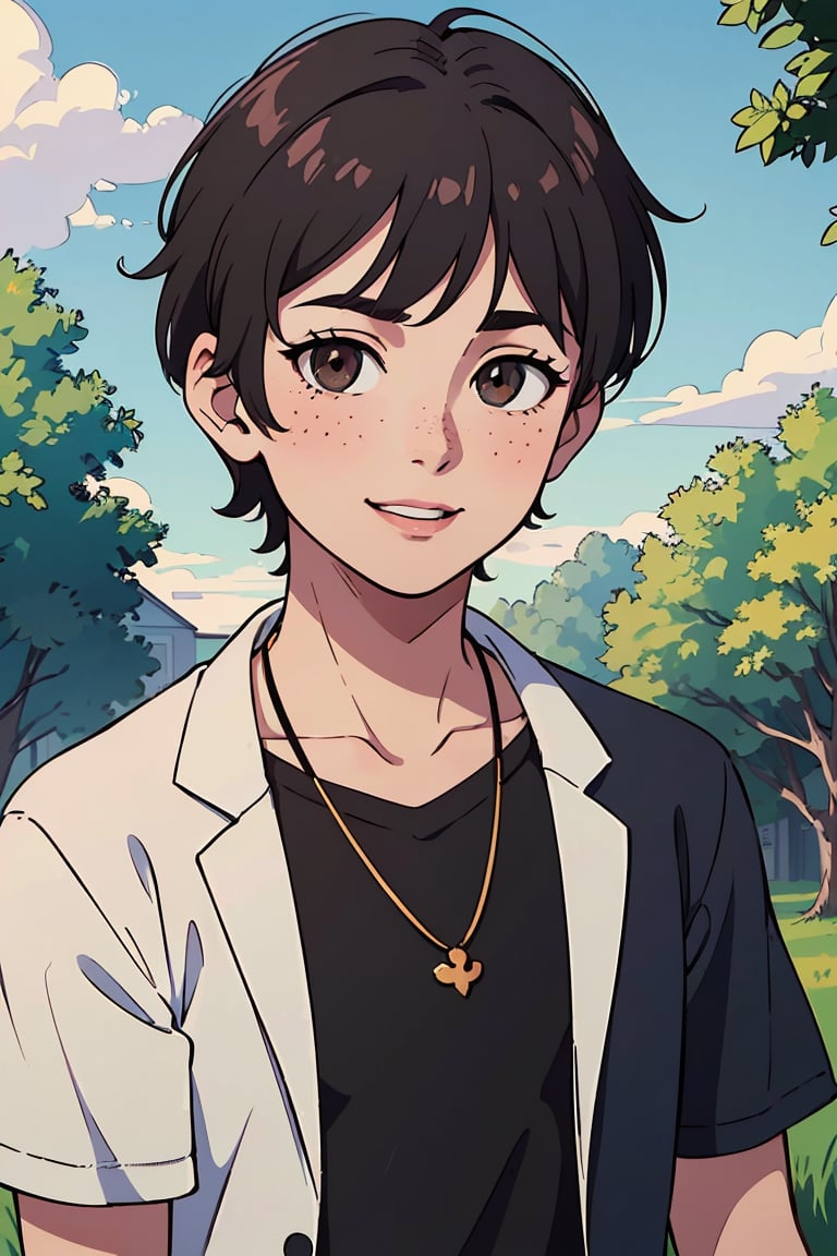 (best quality, 4k, 8k, highres, masterpiece:1.5), ultra-detailed,anime, solo,looking at viewer,blush,smile,short hair,shirt,black hair,1boy,brown eyes,jewelry,upper body,male focus,outdoors,parted lips,sky,day,cloud,necklace,tree,black shirt,freckles