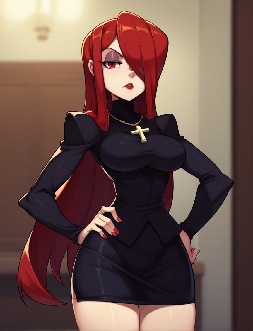 score_9, score_8_up, sgStyle, 1girl, parasoul_\(skullgirls\), solo, lipstick, black turtleneck, indoors, black skirt, pencil skirt, short skirt, red hair, long hair, red eyes, hair over one eye, looking at viewer, cross necklace, hand on own hip, blurred background, unamused <lora:sgStyleSDXL-000006:1>