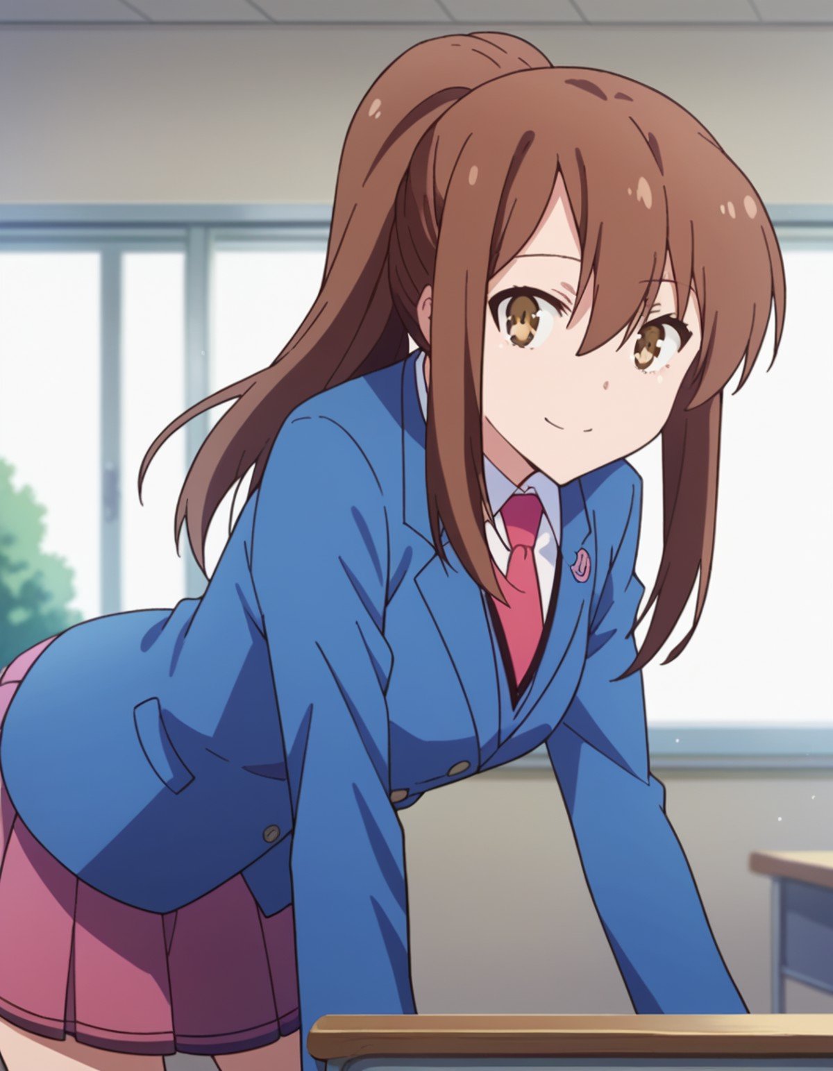 score_9, score_8_up, score_7_up, source_anime,nanamiaoyama, <lora:nanami-aoyama-s1-ponyxl-lora-nochekaiser:1>,nanami aoyama, long hair, bangs, brown hair, hair between eyes, brown eyes, ponytail, sidelocks,skirt, school uniform, jacket, pleated skirt, necktie, blazer,indoors, classroom, bent over, smile,looking at viewer, cowboy shot, solo, dutch angle