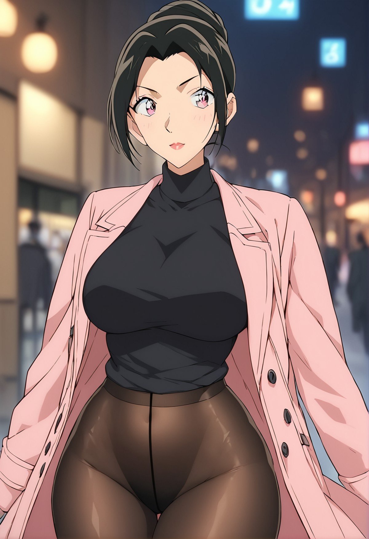 score_9, score_8_up, score_7_up, score_6_up, Light Outline,((1girl,solo,Portrait,front view,milf,)),large breasts, thin thighs,thin hips,thin waist,Uehara Yui ,black hair,hair bun,makeup, long black hair,Pink trench coat, black sweater,(Sheer Textured Dark Pantyhose,blurry background, ),<lora:PONY_Yui_Uehara_Anime_Detective_Conan:1>