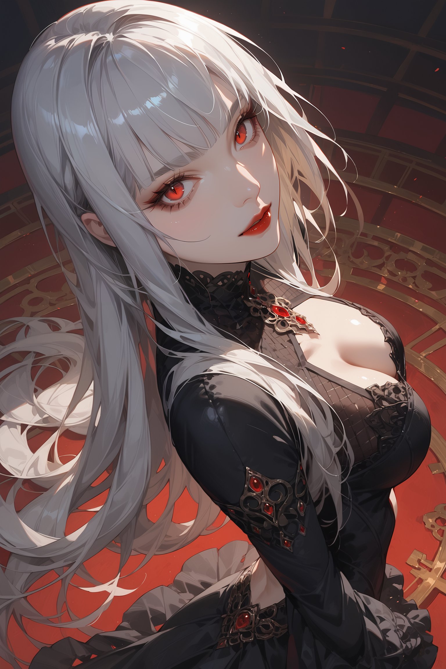 score_9, score_8_up, score_7_up, source_anime, detailed illustration, 8K UHD, face focus, ((from above side angle:1.2)), vampire, grey skin tone, 1girl, solo, looking at viewer, red lips, cleavage, medium breasts, red eyes, grey hair, long hair, hime_cut, bangs, black fur dress, ((black sleeves, deteached sleeves)), intricate dress, standing, indoors, dark background, head tilted up