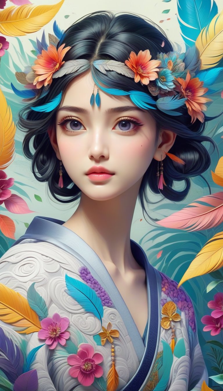 Zen painting illustration,anime art style,masterpiece,top quality,best quality,official art,beautiful and aesthetic,(1girl:1.2),extremely detailed,colorful,flowers,highest detailed,zentangle,abstract background,shiny skin,many colors,feathers,