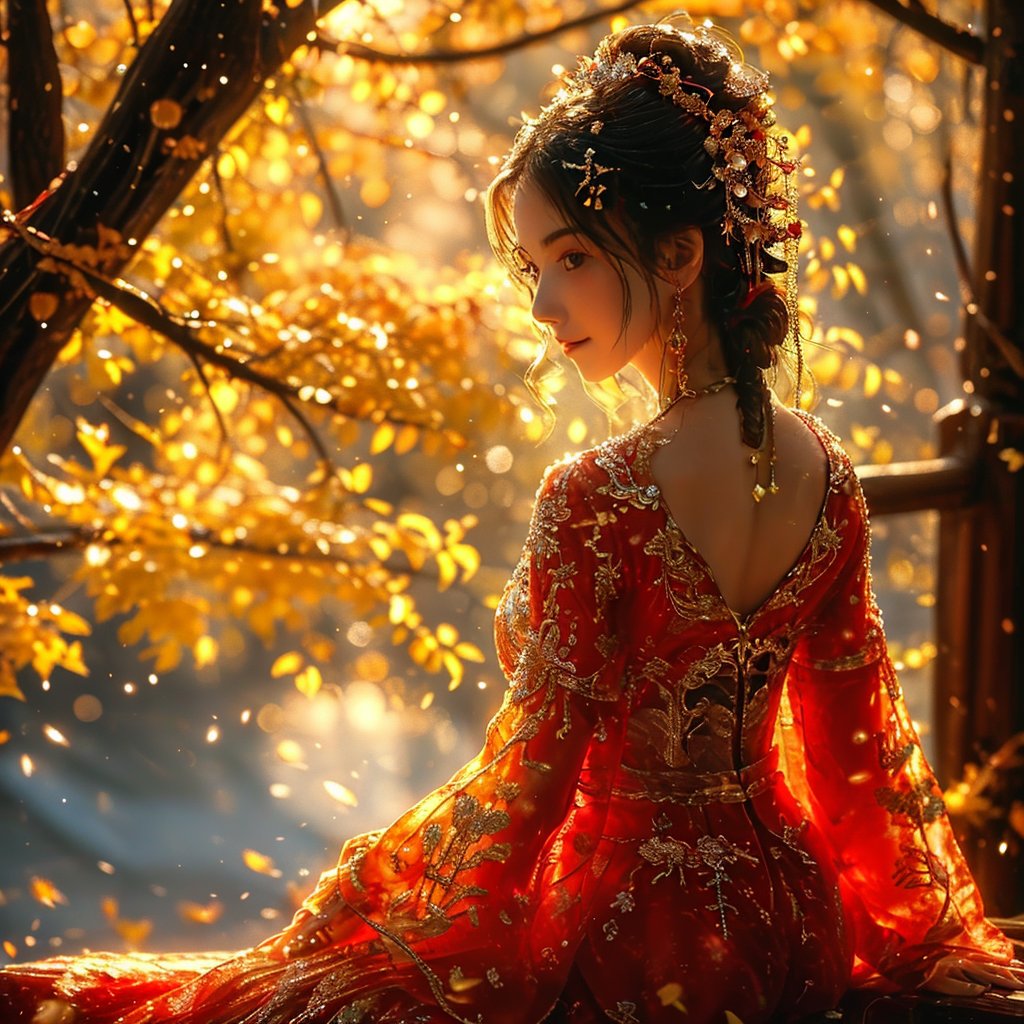 AncheReddressgirl,1girl,solo,dress,looking at viewer,jewelry,hair ornament,sitting,blurry,backlighting,realistic,tree,best quality,masterpiece,original,best quality,highly detailed,