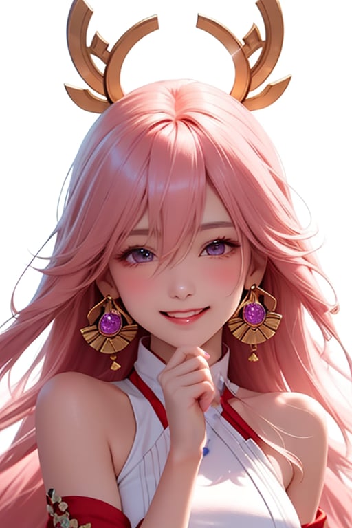 ba shen zi,1girl,solo,pink hair,purple eyes,blush,animal ears,long hair,simple background,white background,fox ears,hair between eyes,upper body,jewelry,bare shoulders,bangs,earrings,closed mouth,japanese clothes,hair ornament,cheerful demeanor,radiant smile,bright personality,warm-hearted nature,optimistic outlook,vibrant energy,sun-kissed complexion,joyful laughter,free-spirited,carefree attitude,(outgoing nature:1.2),uplifting presence,playful spirit,(positive vibes:1.2),(lively enthusiasm:1.1),(beaming with happiness:1.3),(natural beauty:1.3),(sunshine in her eyes:1.1),(infectious laughter:1.3),<lora:aki-000002:0.5>,