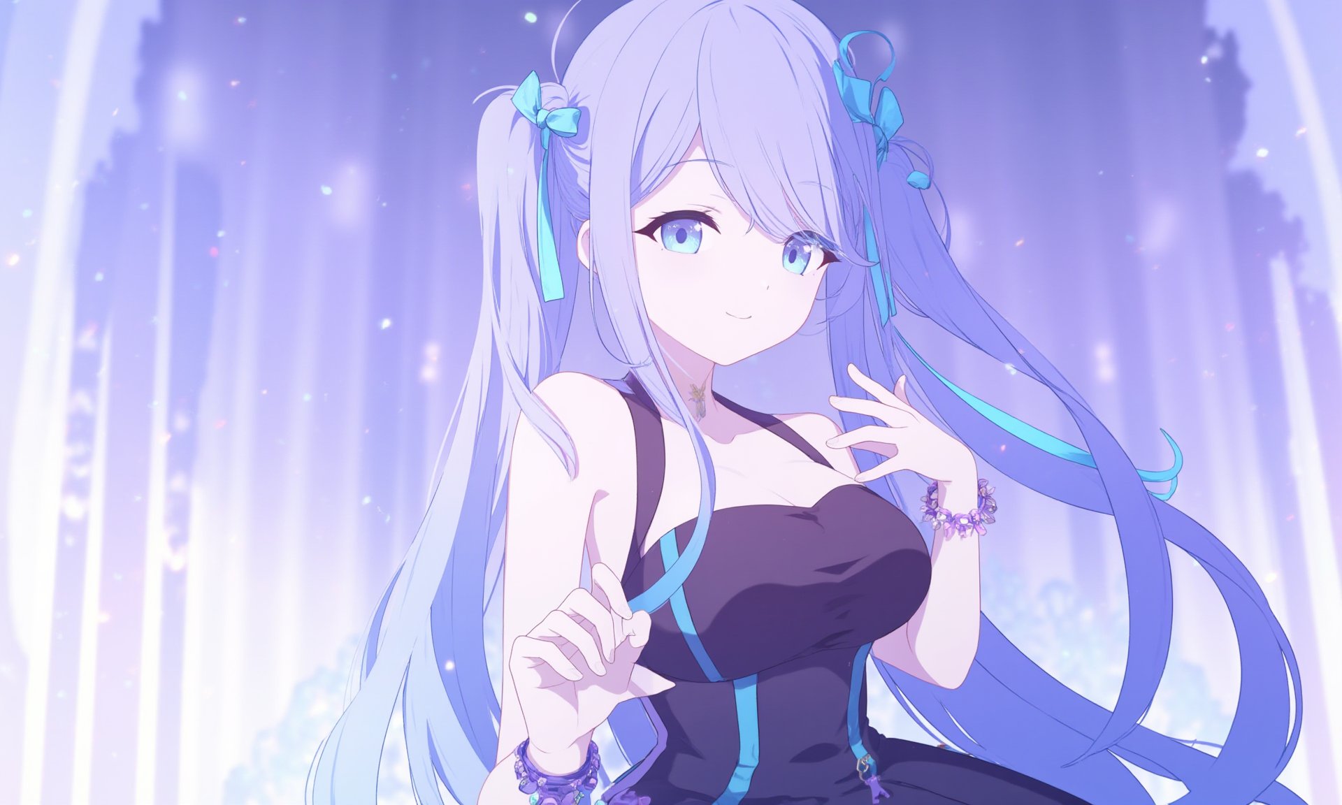 1girl,    hair between eyes, floating hair, bracelet, blue ribbon, upper body, bare arms, blue hair, smile, looking at viewer, long hair, solo, closed mouth, hair ornament, very long hair, sideboob, breasts, sleeveless dress, blue eyes, cleavage cutout, purple hair, ribbon, head tilt, twintails, multicolored hair, large breasts, black dress, multicolored clothes, jewelry, official alternate costume, sleeveless, multicolored dress, two-tone hair, dress, clothing cutout, cleavage <lora:BastylrV2:1>