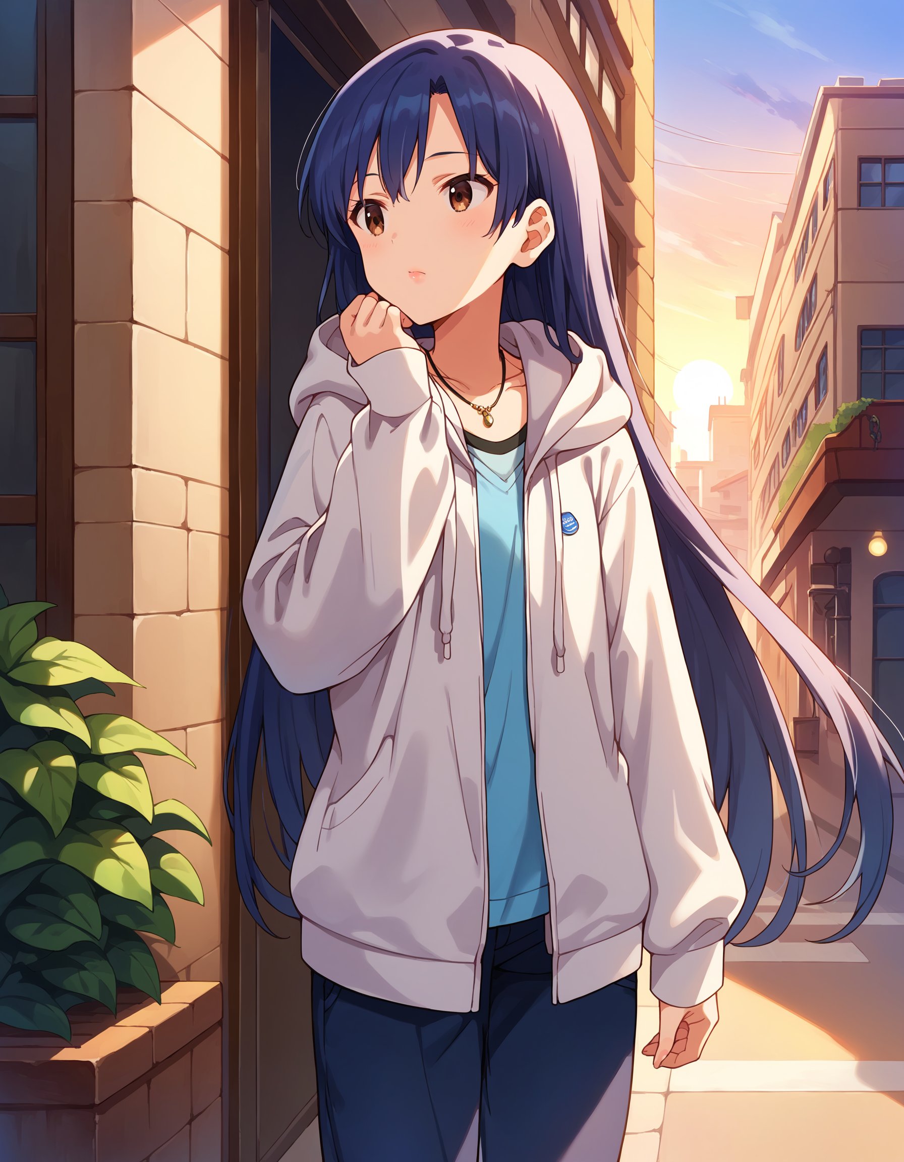 score_9, score_8_up, score_7_up, source_anime,1girl, solo, full body,  wating, on  street, outdoors, building, display window, sunset, sky, <lora:KisaragiChihaya_pony_v1:0.8>ksrgchy, very long hair, blue hair, bangs,  brown eyes, flat chest, hoodie, open hoodie, shirt, pants, loafers,lipstick,  necklace, 