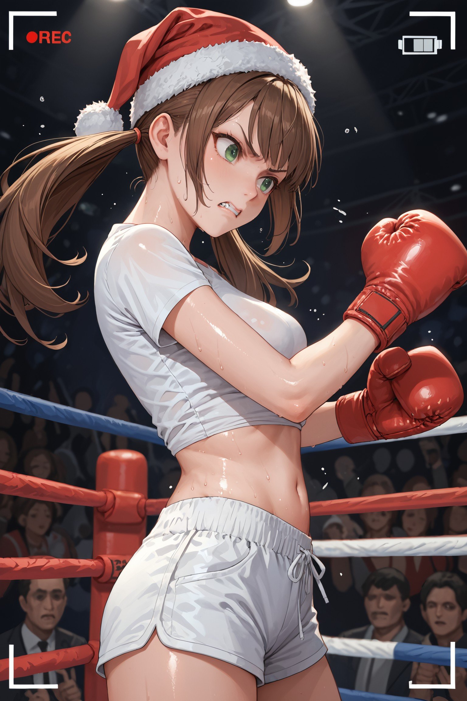 score_9, score_8_up, score_7_up, source_anime, on stage, boxing ring, 1girl, solo, brown hair, green eyes, twintails, long hair, bangs,  sweating, shiny skin, boxing gloves, punching,  white shirt, shorts, midriff,  santa hat, recording, viewfinder, side view, looking to the side, breasts, scowl, clenched teeth, crowd, audience,