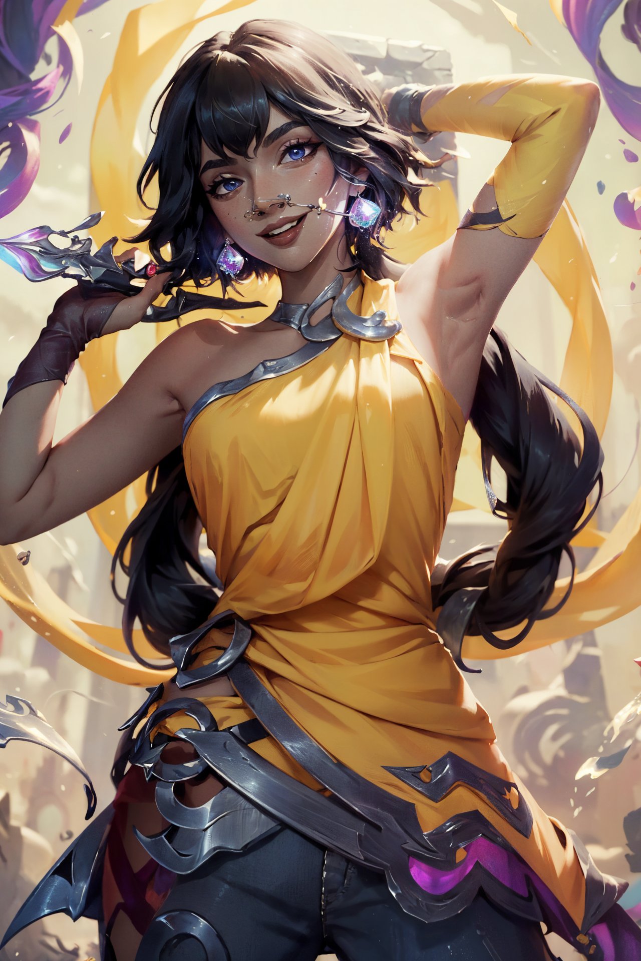 (Masterpiece:1.4), (best quality:1.2), <lora:Nilah_LoL-000020:1>, nilah \(league of legends\), 1girl, yellow dress, black pants, black hair, smile, upper body, cowboy shot