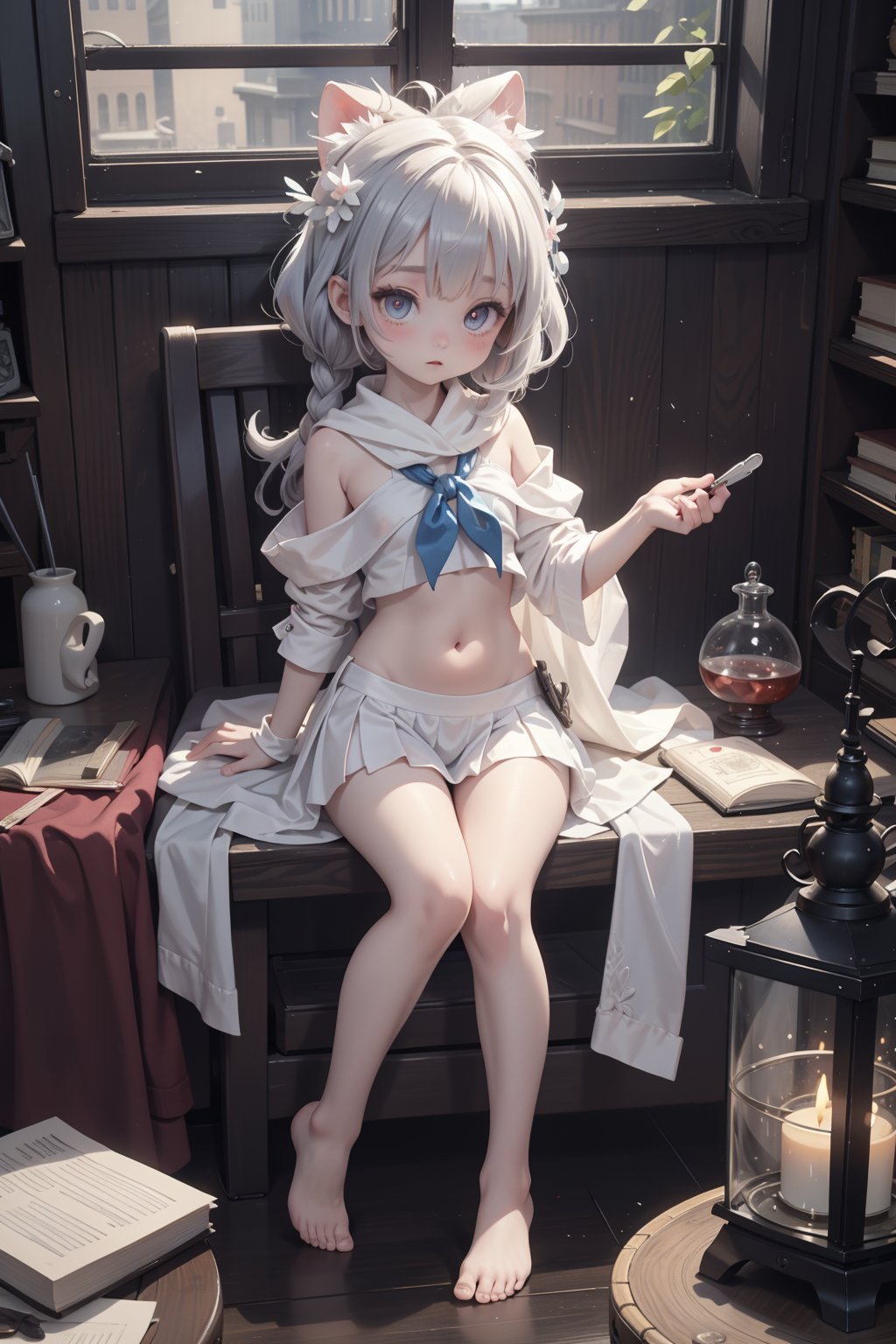 (full body:1.2),(navel:1.2),extremely detailed face and eyes,extremely beautiful and delicate face and eyes,fluttered detailed splashes,extremely detailed CG unity 8k wallpaper,amazing,highly detailed(loli),white gloves,((scientist,high technology)),(white school uniform),black cloak,commander,(sitting on a chair),circuit board,electronic components,electric arc,spark,(doing experiments),(white shawl hair),kawaii,expressionlesscute face,beautiful detailed eyes,stare,blush,(glowing red and blue pupil),indoor,The tables and chairs are by the window,The table is full of books. Sitting on the chairs,it is night outside the window,raining,Flask,test tube,alcohol lamp,book,table,barefoot,bare legs,