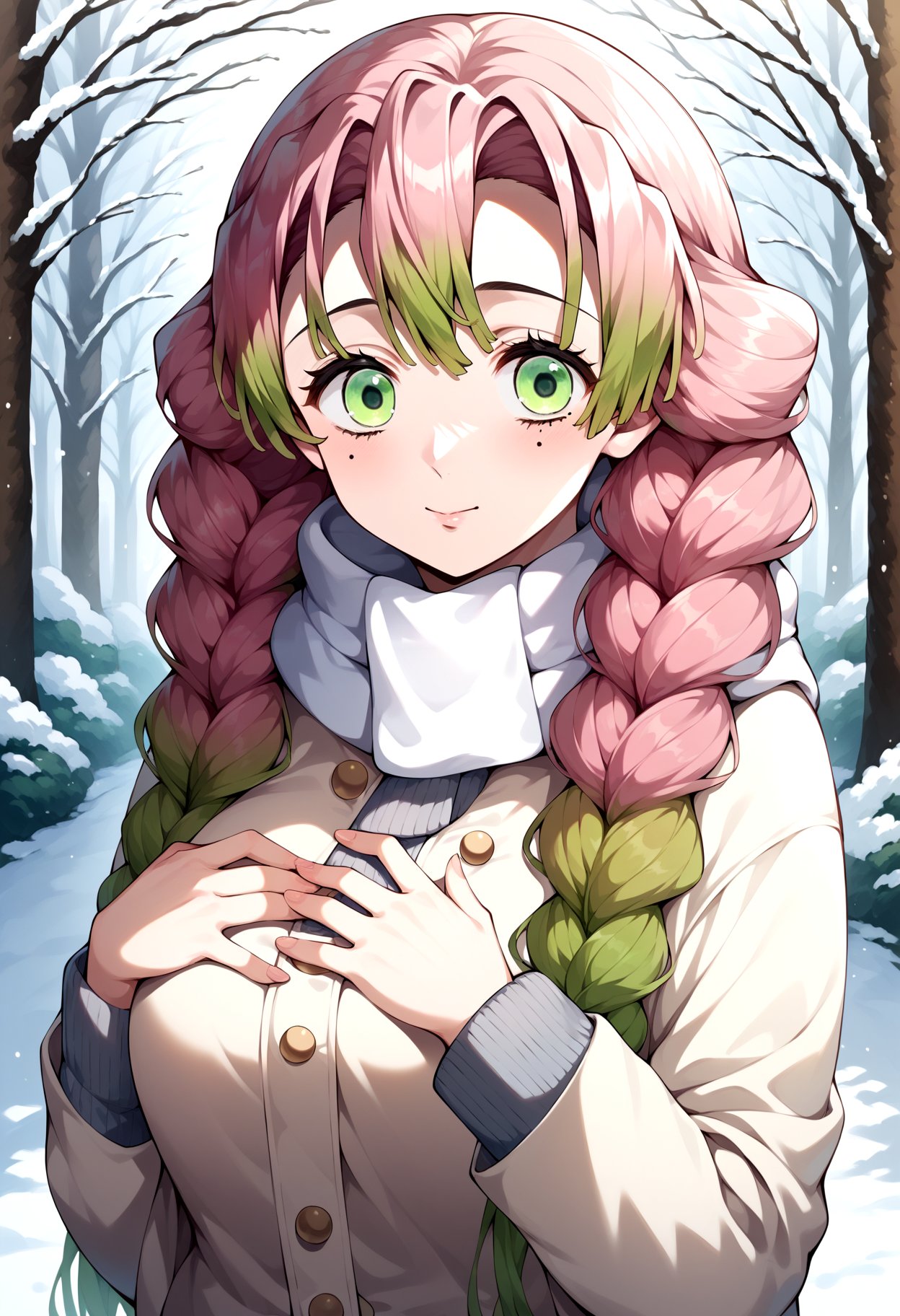 score_9, score_8_up, score_7_up, source_anime, aamitsuri, long hair, braid, multicolored hair, green eyes, mole under eye, large breasts, <lora:kanroji_mitsuri_ponyxl_v1:0.8>, winter clothes, scarf, park, outdoors, upper body, hands on own chest, 