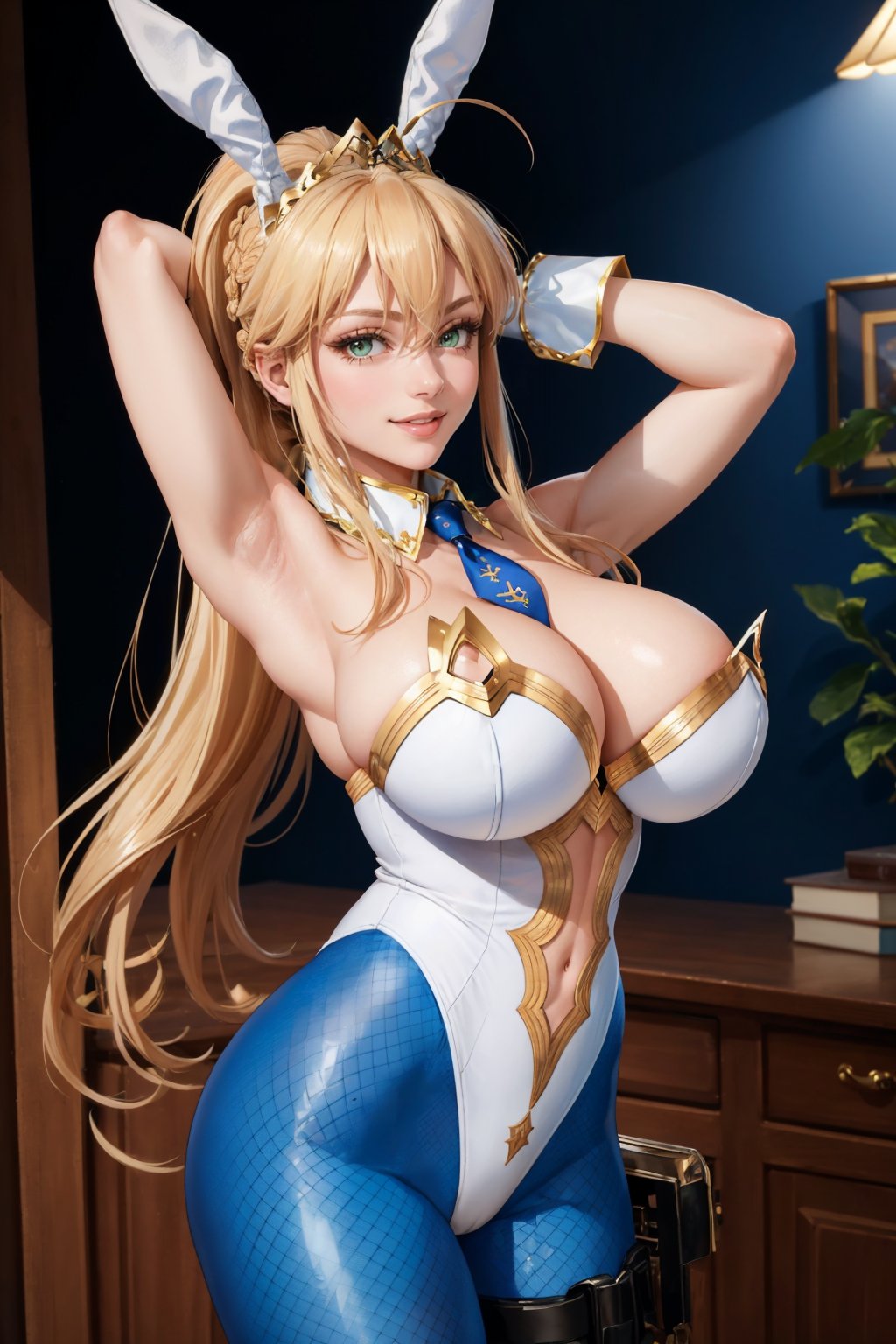 masterpiece, best quality, 1girl, <lora:artoriaruler-nvwls-v1-000009:0.9> 1struler, ponytail, braid, fake rabbit ears, tiara, detached collar, short necktie, blue necktie, bare shoulders, white leotard, cleavage, navel cutout, blue leggings, fishnets, thigh strap, wrist cuffs, huge breasts, arms behind head, smile, looking at you