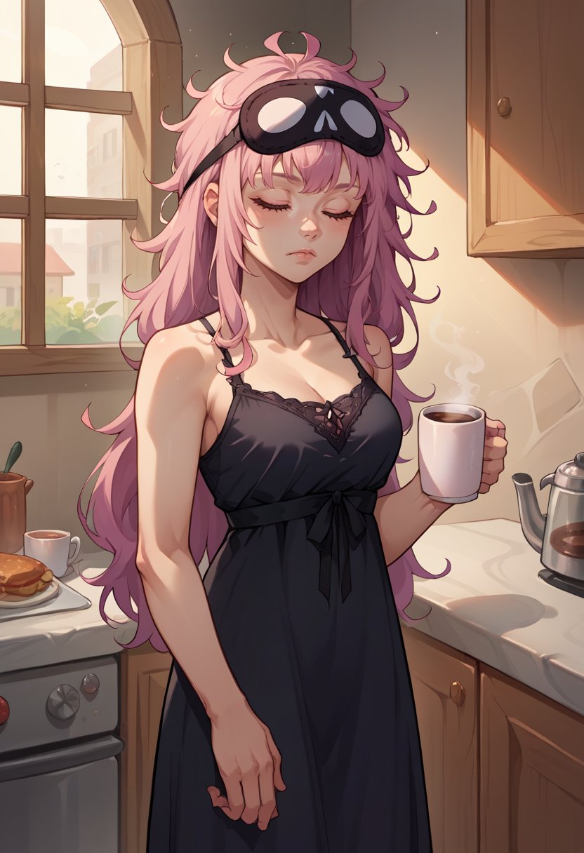 score_9, score_8_up, source_anime, 1girl, solo, MoriSleep, long hair, messy hair, sleep mask, mask on head, black nightgown, standing, kitchen, holding coffee mug, <lora:CHAR-MoriCalliopePonyXL:1>