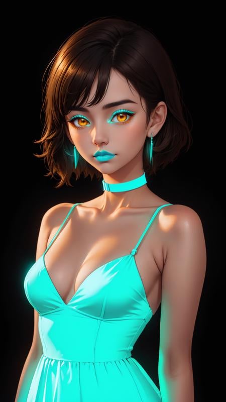 1girl, (glowing neon blue dress), glowing neon blue earrings, glowing neon blue choker, glowing neon blue lipstick, (glowing neon blue makeup), brown eyes, short black hair, black background, <lora:lukethighwalkerneonsd15v5:0.6>