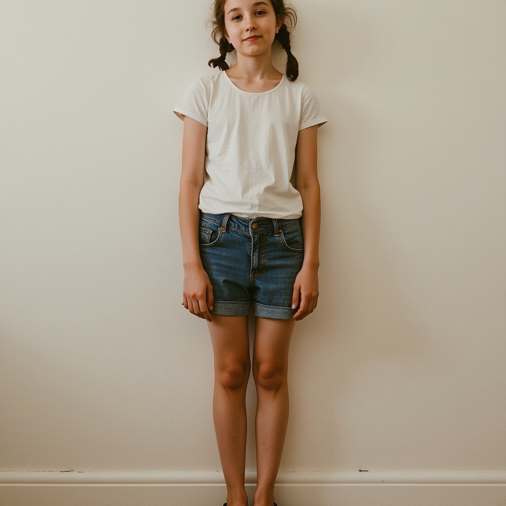 Full-body-length painting: A slender, 18-year-old girl with hair tied in double plaits gazes directly at the camera, exuding confidence.