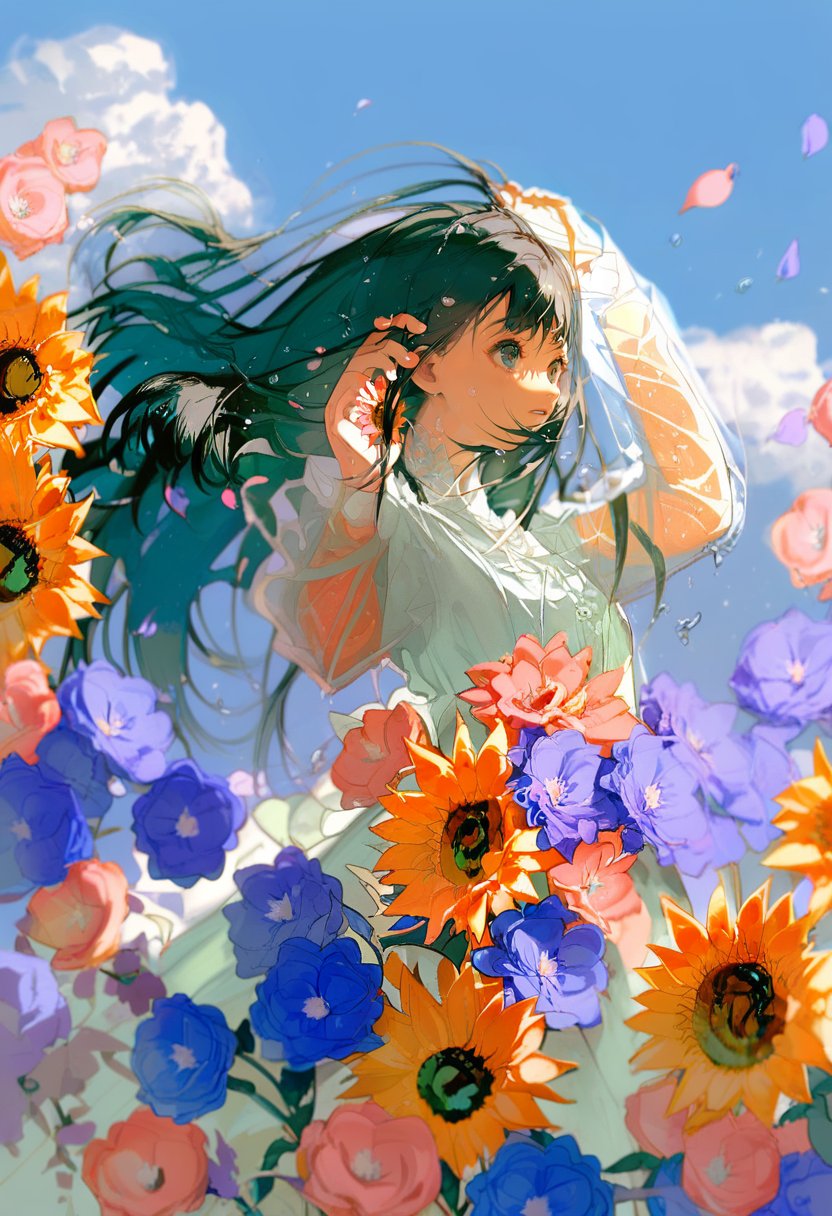 score_9, score_8_up, score_7_up, score_6_up, <lora:REDUMXL_P6_lokr_V53P1:0.95>   1girl, flower, solo, long hair, dress, blue flower, white dress, sky, water drop, long sleeves, petals, see-through, hydrangea, black hair, cloud, see-through sleeves, floating hair, blue sky, looking up, outdoors, bangs, pink flower, orange flower, sunflower, red flower