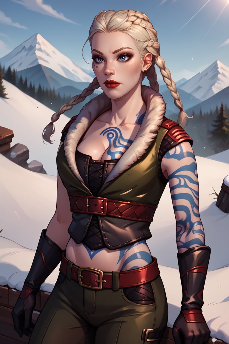 score_9, score_8_up, score_7_up, BREAK, 1girl, solo, breasts,  <lora:commandantsteele-guy-PONYv1:1>, commandantsteele, tattoo, braids, makeup, lipstick, jewelry, jacket, gloves, cleavage, midriff, pants, belt, mountain, outdoors, snow, depth of field, 