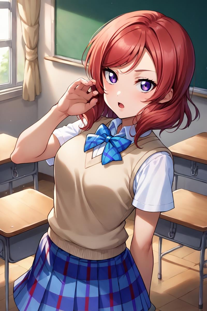 score_9, score_8_up, score_7_up, source_anime BREAK 1girl, solo, lovelive_maki, school uniform, sweater vest, short sleeves, blue plaid skirt, blue bowtie, red hair, swept bangs, medium hair, purple eyes, tsurime, looking at you, open mouth, hair flip, classroom <lora:lovelive_maki:1>