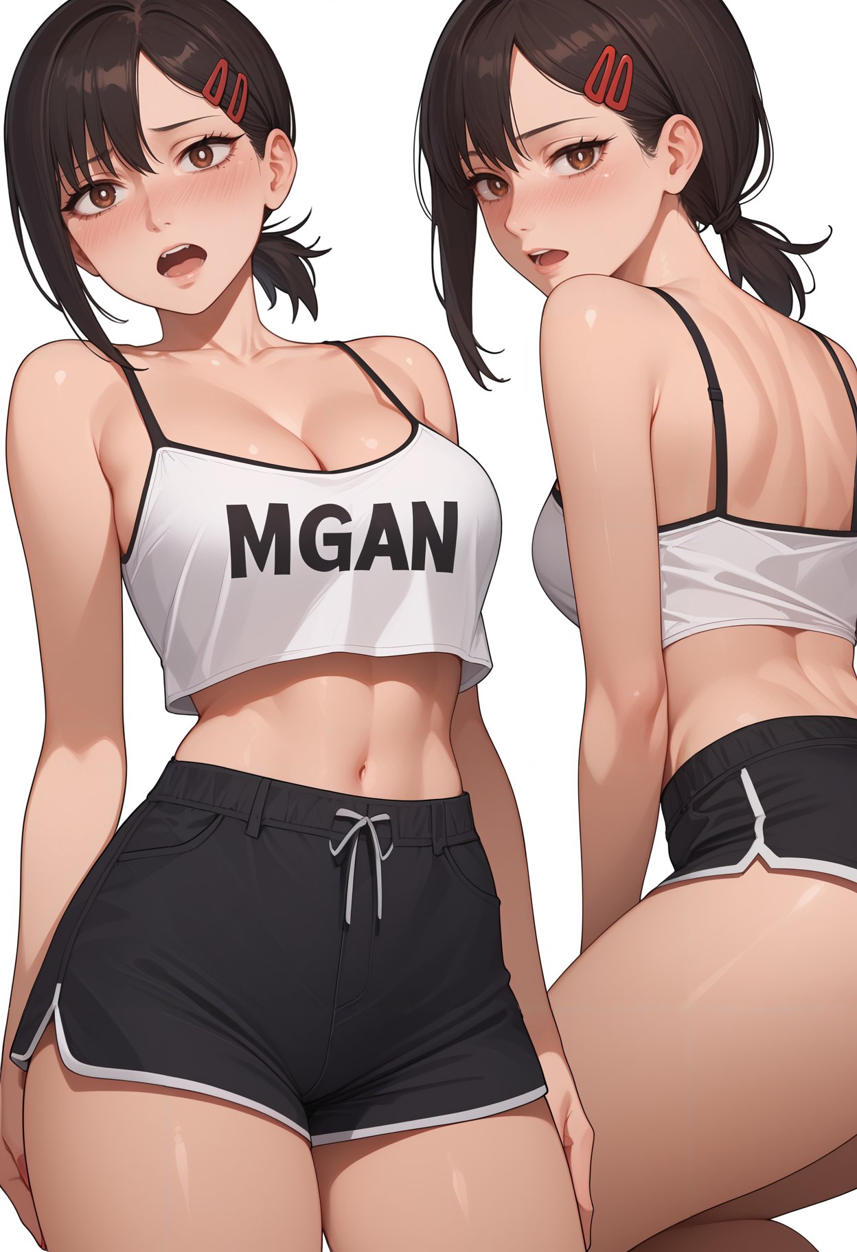 score_9, score_8_up, score_7_up,higashiyama kobeni, chainsaw man, 1girl, ass, bare arms, bare shoulders, black hair, black shorts, blush, breasts, brown eyes, camisole, cleavage, clothes writing, collarbone, crop top, long hair, looking at viewer, low ponytail, medium breasts, midriff, multiple views, navel, nose blush, one eye closed, open mouth, short shorts, shorts, simple background, spaghetti strap, stomach, thick thighs, thighs, underbutt, white background