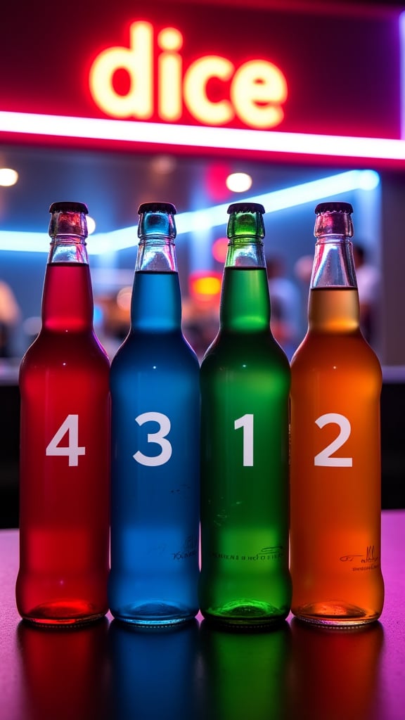 four bottles lined up on a table. from left to right, they are numbered "4" then "3" then "1" then "2". from left to right, they are red, blue, green, and orange. the background is a nightclub with a neon sign that says "dice".