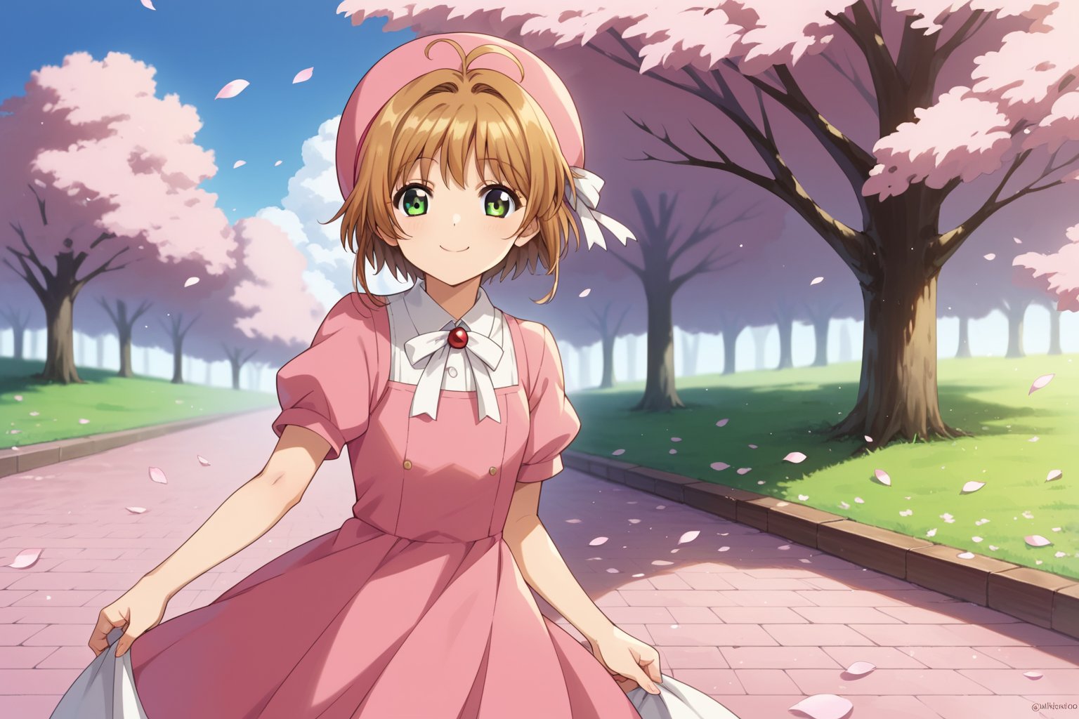 score_9, score_8_up, score_7_up, score_6_up, score_5_up, score_4_up, BREAK source_anime, 1girl, cowboy shot, looking at viewer, solo, smile,kinomoto sakura, brown hair, green eyes, pink headwear, pink dress, white ribbon, cherry blossom tree, petals<lora:EMS-355404-EMS:0.800000>