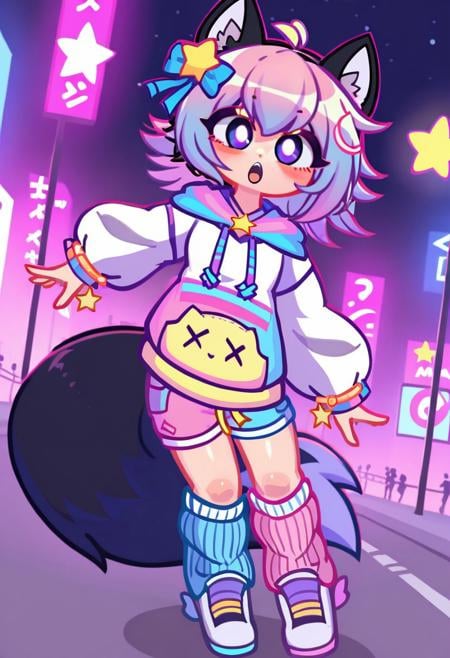 Gacha, GachaKireowCottonCandy, KireowCotton Candy, 1girl, short light blue hair, pink highlights, black cat ears, large dark purple eyes, pastel hoodie, star motif, white sleeves, purple cuffs, yellow hem, split color shorts, pink shorts, blue shorts, pink leg warmer, blue leg warmer, white shoes, purple accents, yellow star hair accessory, blue bow, multicolored hair decorations, orange star bracelets, black fluffy tail with dark purple tip, city streets, hair fluttering in the wind, dynamic lighting, dynamic pose,  dynamic posescore_9,score_8_up,score_7_up,score_6_up,score_5_up