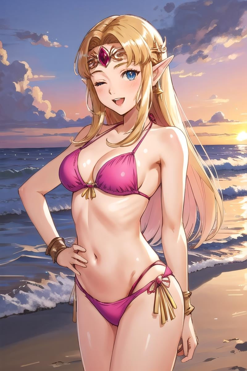 <lora:zelda-albw-10:0.8>, zelda-albw, 1girl, solo, beach background, looking at viewer, blush, :d, eyes closed, hand on own hip, pink bikini, tiara, cowboy shot, sunset